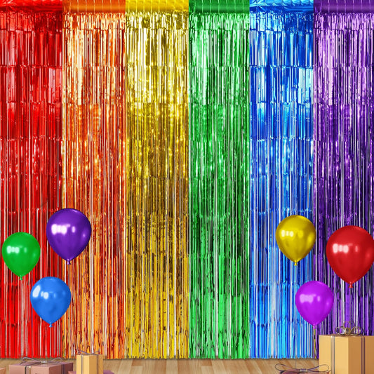 2Pack 3.3X6.6Ft Rainbow Foil Fringe Curtains Backdrop Decorations, Rainbow Metallic Tinsel Foil Streamers Curtain Photo Booth Background for Birthday Wedding Engagement Pride Party Decorations