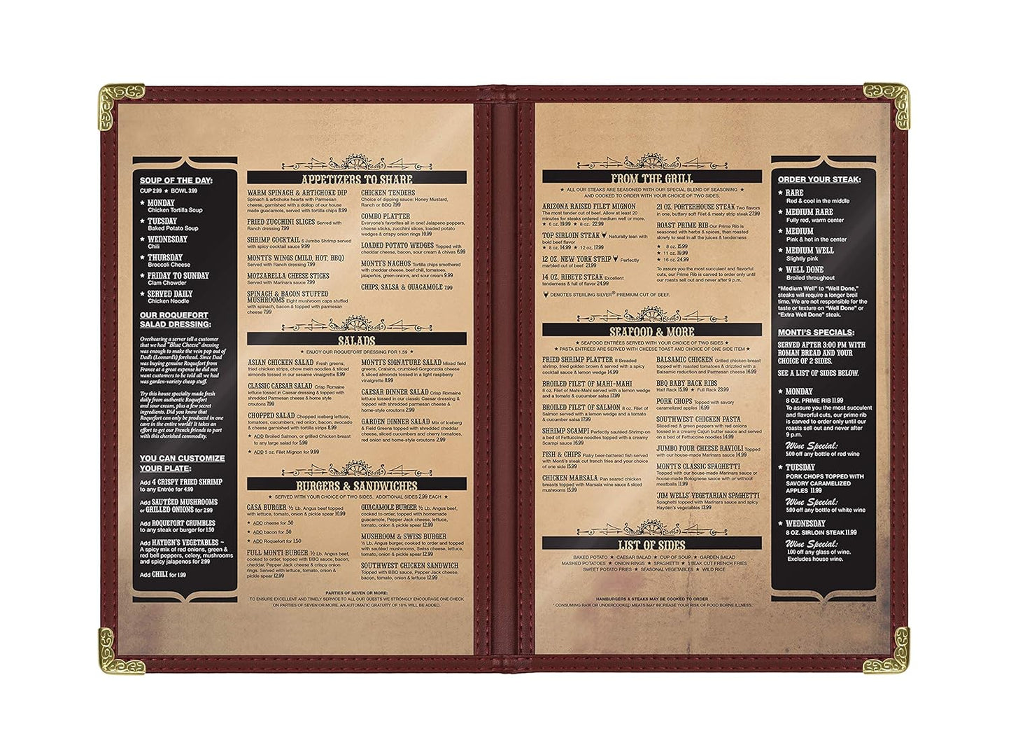 Goodsmart Restaurant Menu Covers – 25 Pack Burgundy 4-View, Side-Loading Menu Holders, Vinyl & Plastic Café Menu Covers, Clear Menu Sleeves, Fits 5.5" x 8.5", Leather-Style Design, Gold Corners