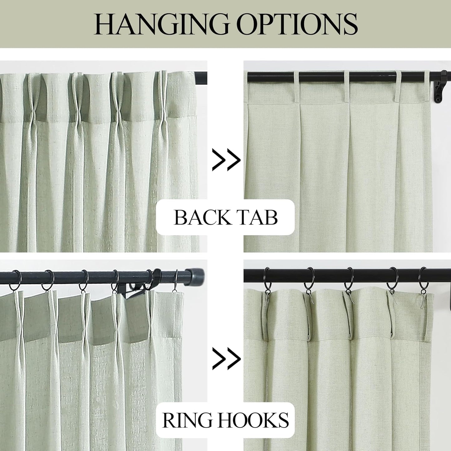 Vision Home Light Green Pinch Pleated Semi Sheer Curtains Textured Linen Blended Light Filtering Window Curtains 90 inch for Living Room Bedroom Patio Pinch Pleat Drapes with Hooks 1 Panel 60" Wx90 L