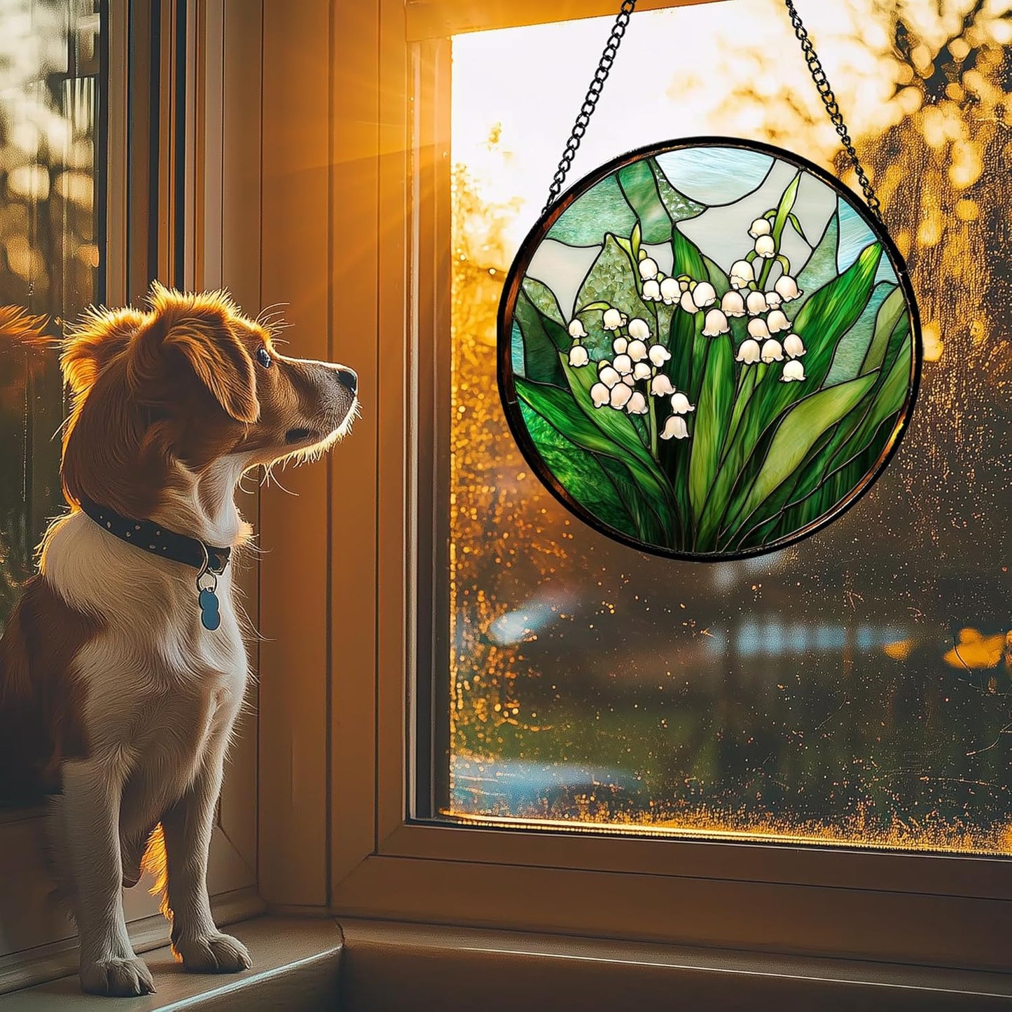 Stained Glass Window Hanging - White Green Lily of The Valley Suncatcher for Doors Garden Terrace Plant Sun Catchers Decor Mother's Day Birthday Flowers Gifts for Women Men Mom 6.3 in