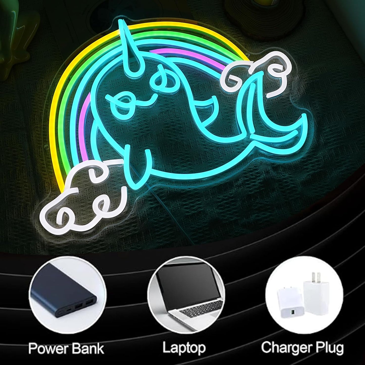 Rainbow Narwhal Neon Sign Dreamy Narwhal Led Sign Dimmable Rainbow Cloud Light up Sign Cute Fish Neon Light Decor for Bedroom Living Room Girl Dorm Shop Birthday Party Wedding Cartoon Lover