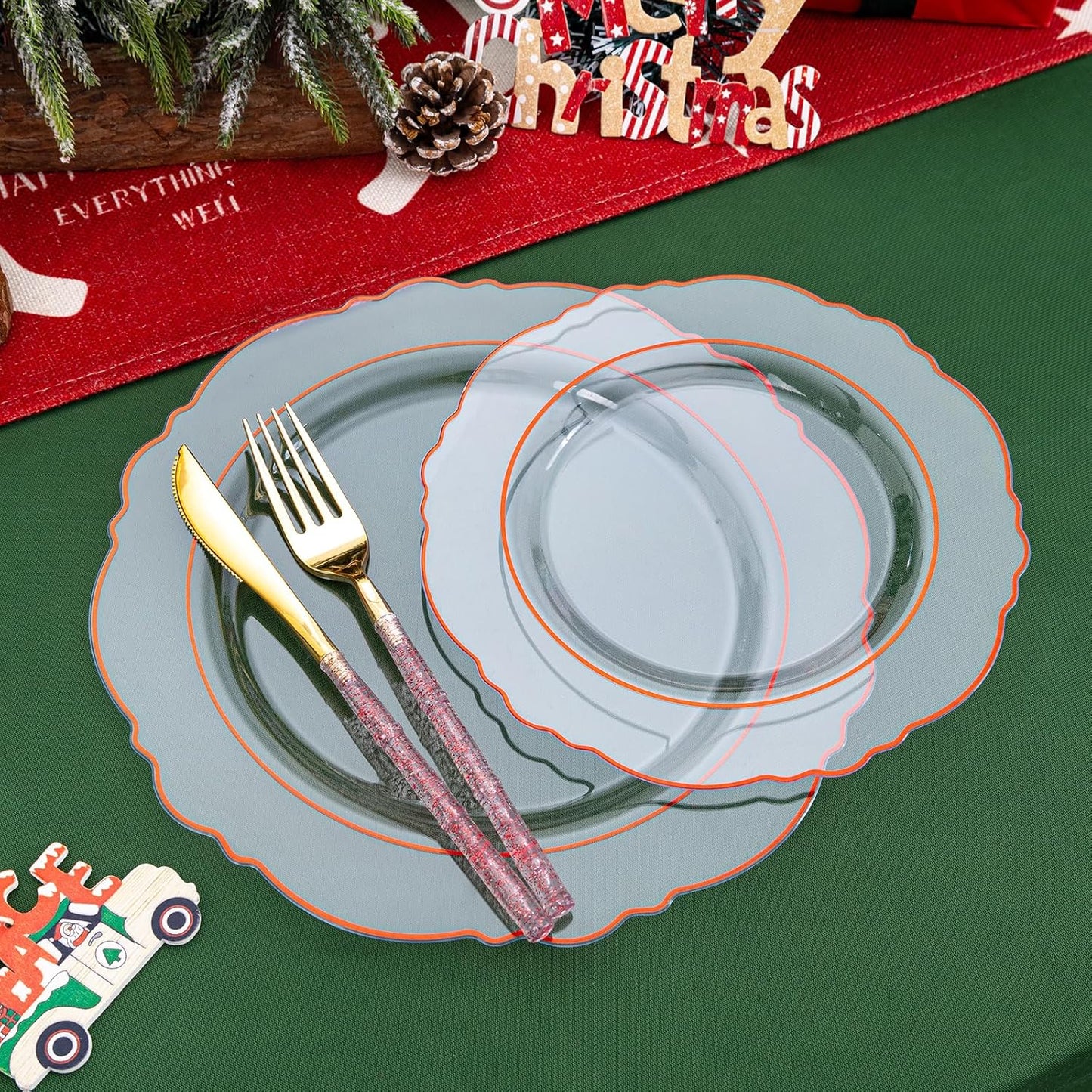 Liacere 150PCS Clear and Red Plastic Plates-Clear Red Disposable Plates with Glitter Bamboo Handle Cutlery-60 Baroque Elegant Plates,30 Forks,30 Spoons,30 Knives for Wedding&Mother's Day