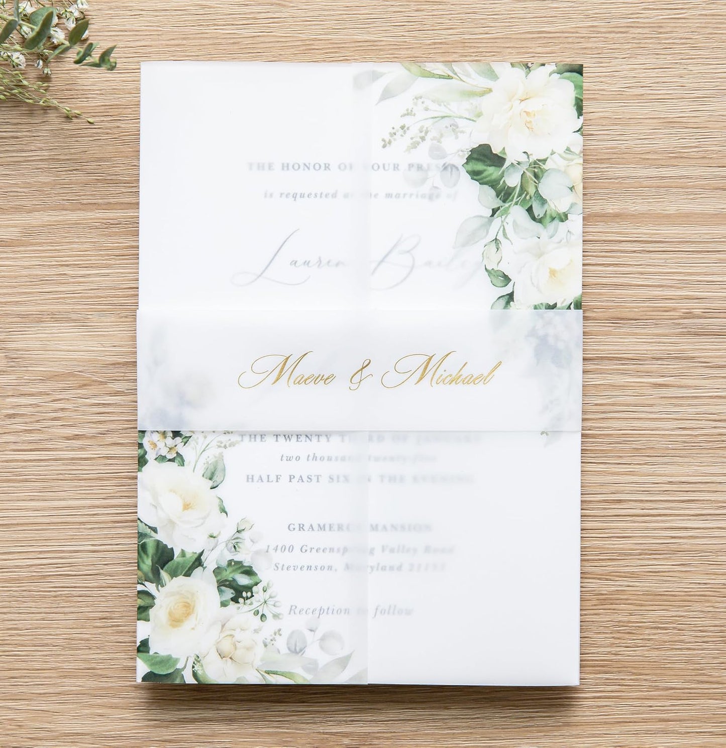 PONATIA 50 PCS Vellum Jackets for 5x7 Invitations- 135gsm White Floral Printed Vellum Sleeves, Quinceanera Wedding Invitation Cards Wraps, Green Flower Transparent Jacket