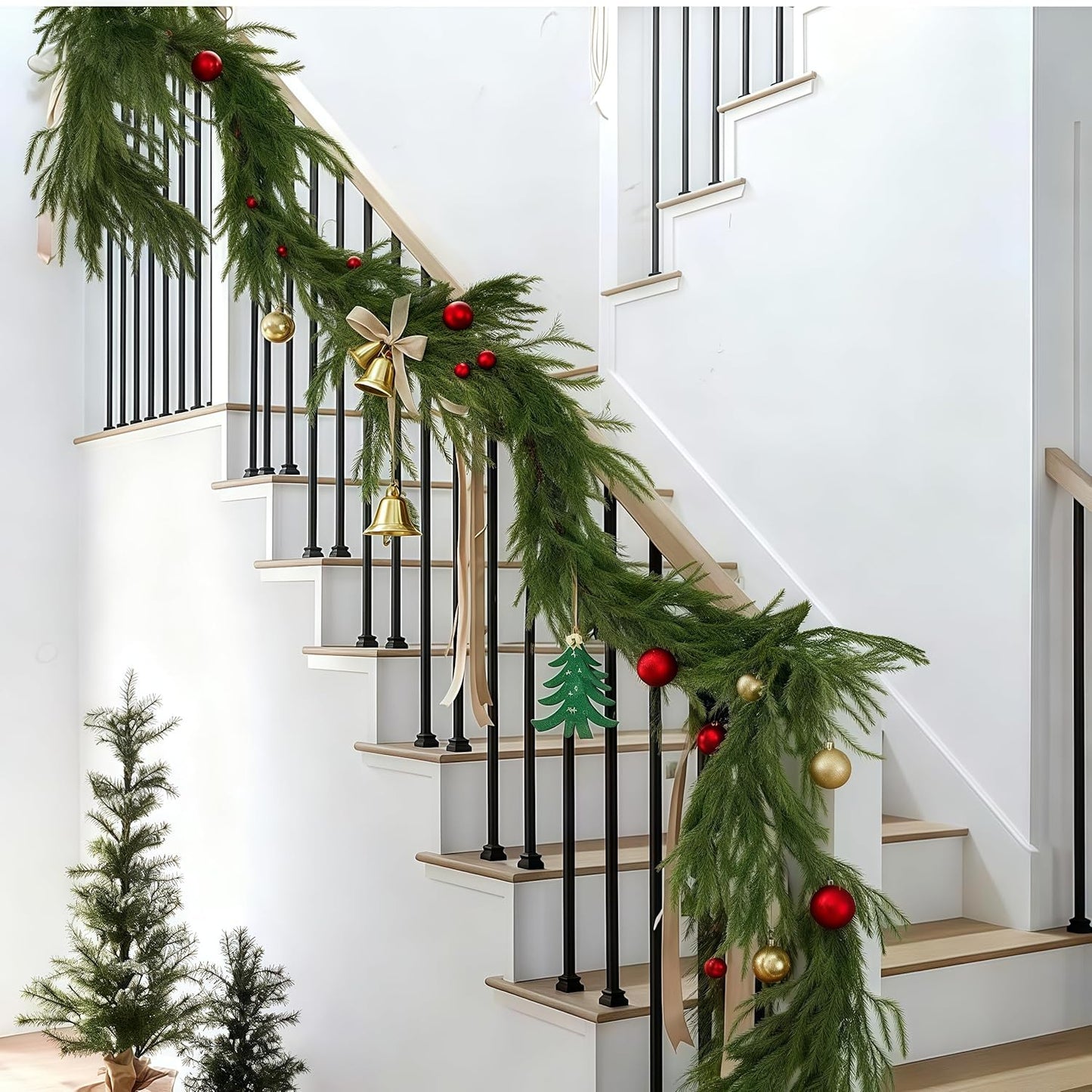 Christmas Decorations Artificial Norfolk Pine Garlands 6FT 2Pcs, Real Touch Winter Pine Garland, Green Artificial Greenery Garland for Table, Mantle, Wall, Indoor, Outdoor Decorations