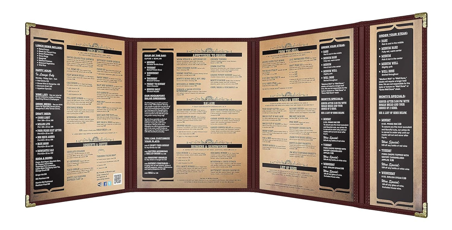 Goodsmart Restaurant Menu Covers – 25 Pack Burgundy Quadfold 8-View, Side-Loading Menu Holders, Vinyl & Plastic Café Menu Covers, Clear Menu Sleeves, Fits 8.5" x 11" & 4.25" x 11", Gold Corners