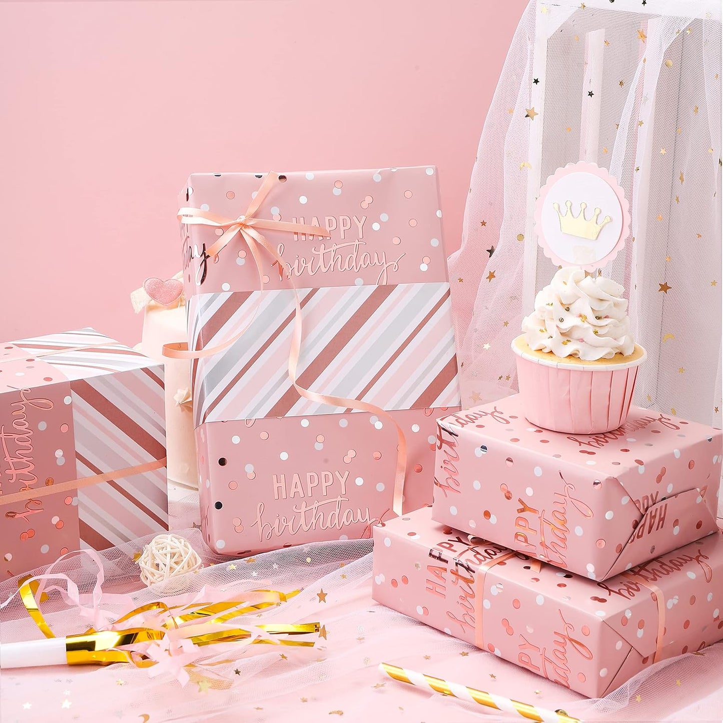 LeZakaa Reversible Pink Birthday Wrapping Paper Roll for Girls Women, Happy Birthday Lettering & Stripe Pattern with Metallic Foil in Pink, Mini Roll, 17 inches x 32.8 Feet (46.45 sq.ft.)