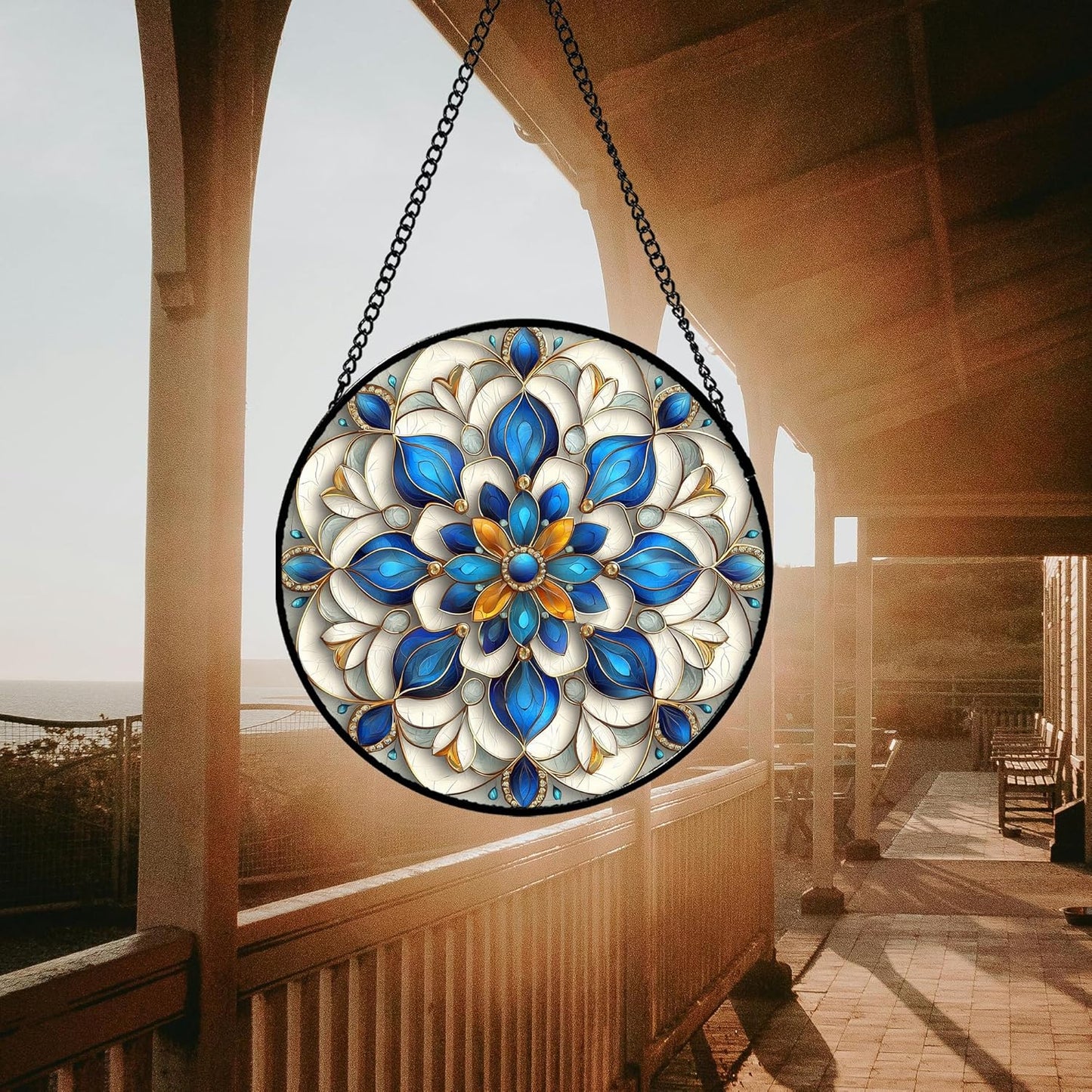 Stained Glass Window Hanging - Blue and White Abstract Flowers Suncatcher for Door Terrace Garden Home Decor, Gold Sun Catcher Birthday Gifts for Lovers Women Men Dad Mom Nana 6.3 in