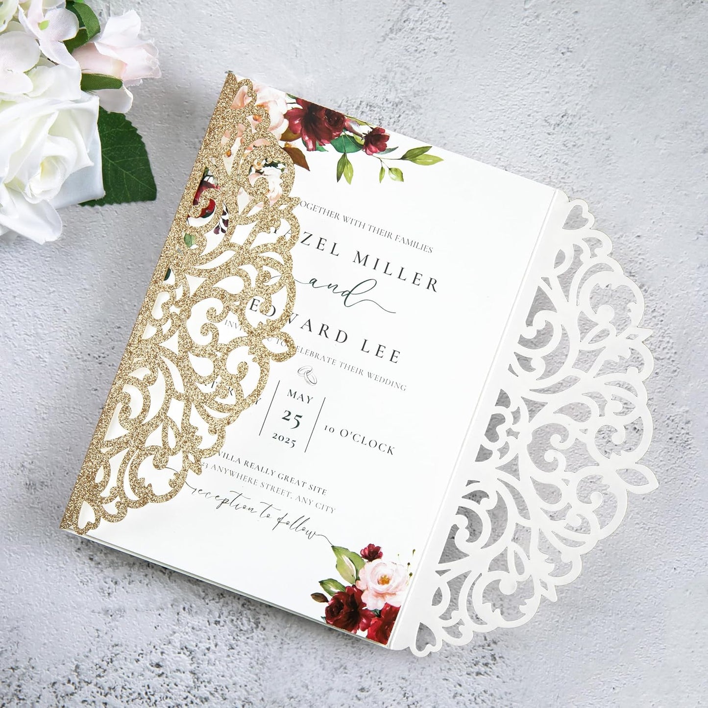 20Pcs Gold Glitter Laser Cut Invitation Cards With Blank Inner Sheets for Wedding Cards Bridal Shower Engagement Quinceanera Invitation (No Envelopes)