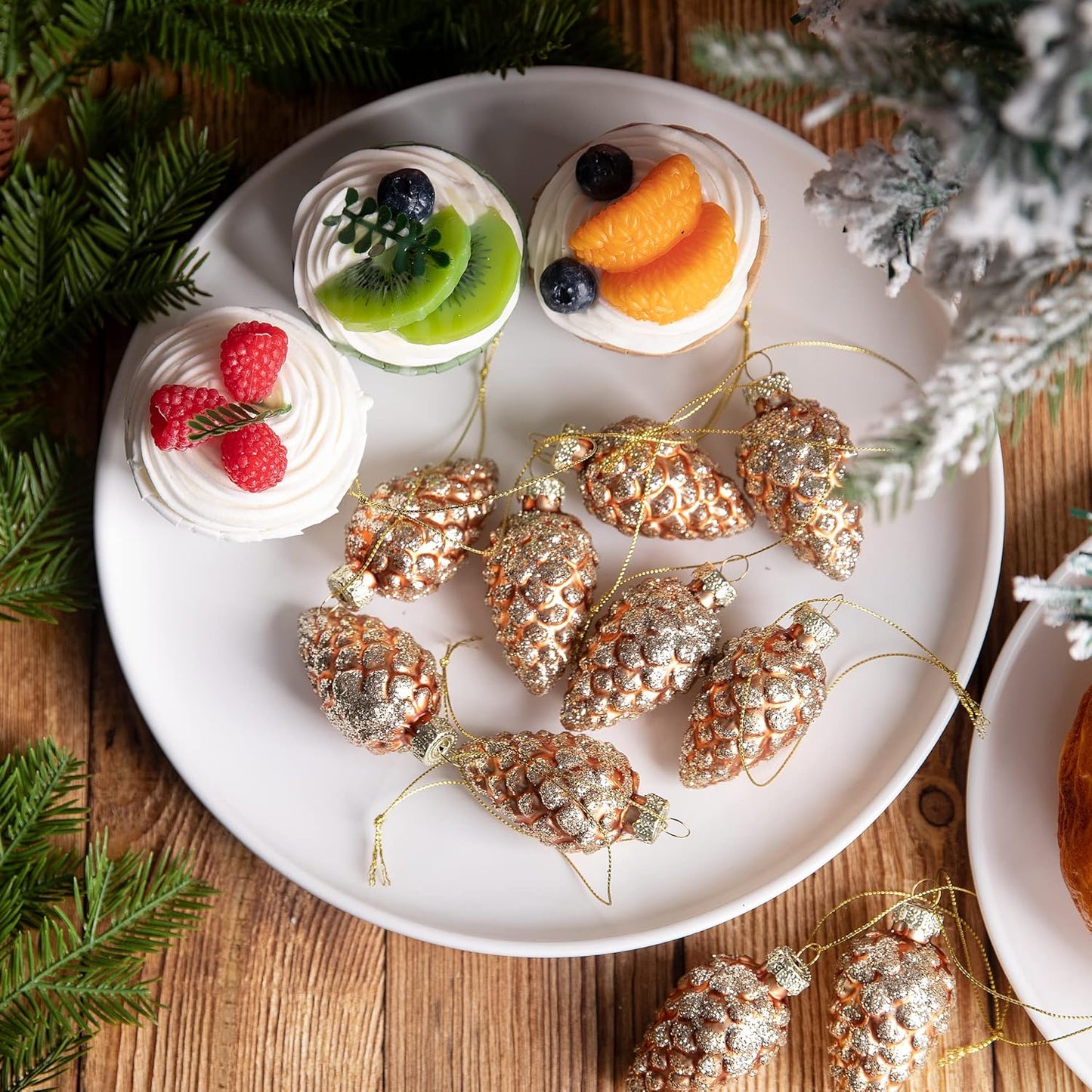 Watayo 12 Pcs Christmas Pinecone Glass Ornaments- Fall Hanging Pine Cone Painted Glass Ornaments- Glitter Pinecone Christmas Ornament for Xmas Tree DIY Crafts Fall Thanksgiving Day Decoration