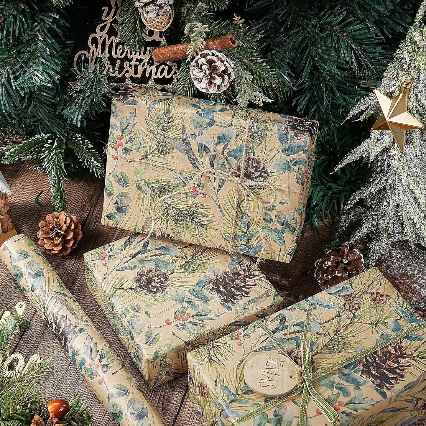 RUSPEPA 30" X 100' Kraft Christmas Wrapping Large Paper Roll, Jumbo Roll, Watercolor Pinecone and Eucalyptus Leaf Design, Kraft Gift Wrap for Christmas, Winter Holiday Party, Rustic Natural Theme