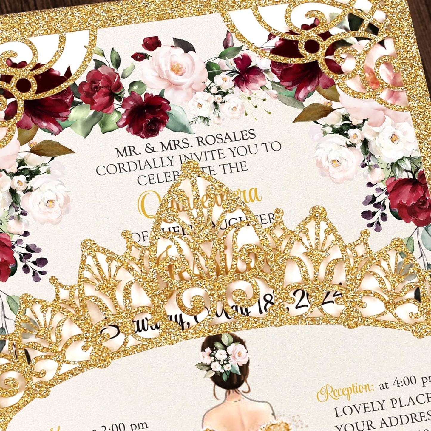 50Pcs Gold Crown Quinceanera Invitation for 15 year, Sweet 16, Miss XV, Birthday Laser Cut Quince Invitation Cards Personalized Glitter Gold