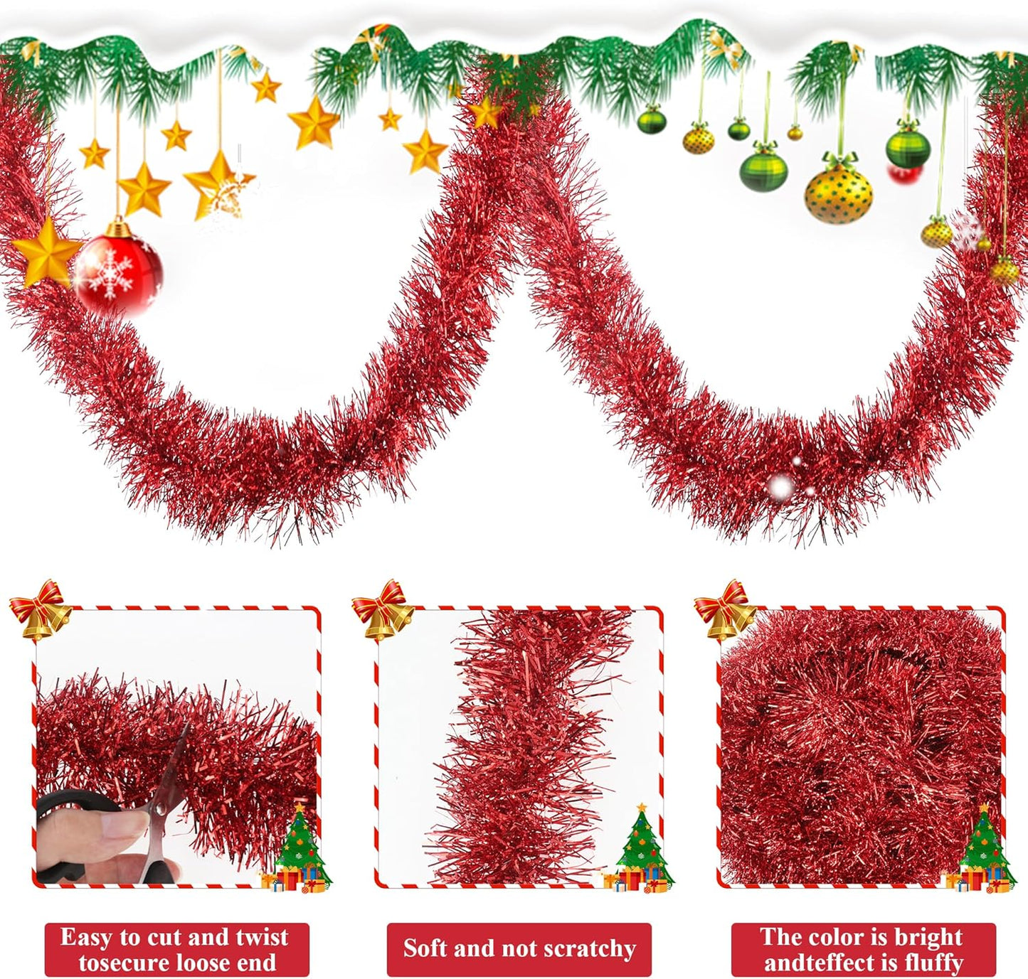 32.8 Ft Red Christmas Tinsel Garland Metallic Shiny Tassle Banner Wall Hanging Tinsel Streamers Backdrop for Christmas Holiday Birthday Party Supplies Indoor Outdoor Ornaments Home Decor