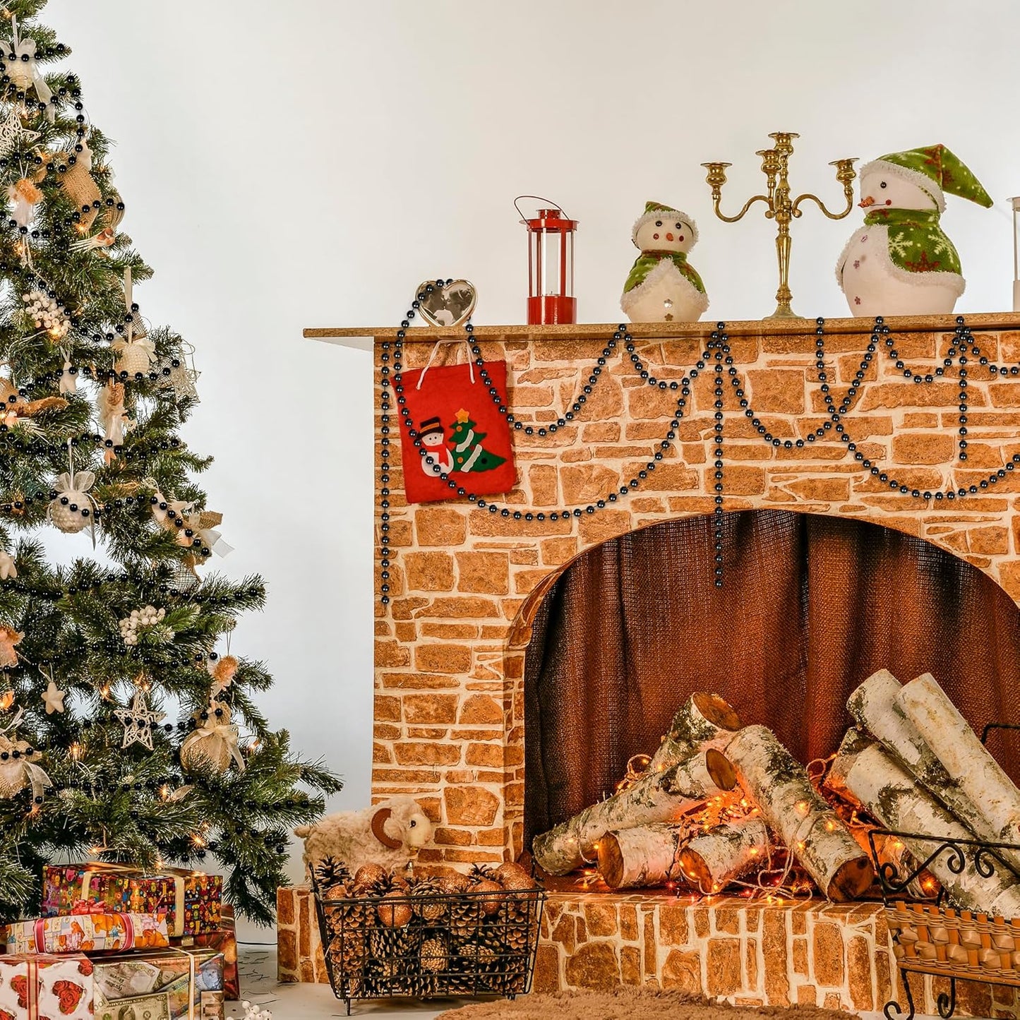 100 Feet Garland for Christmas Tree, Black Christmas Beads Decorations, Xmas Tree Decorations Artificial Pearl Garland Chain for Home Fireplace Curtains Decor Xmas Party Decor