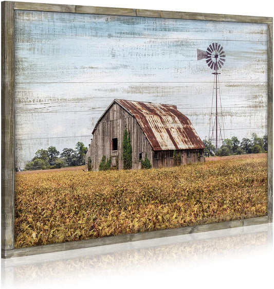 Vintage Farmhouse Wall Art Framed - Rustic Windmill Landscape Painting Artwork for Wall Decor