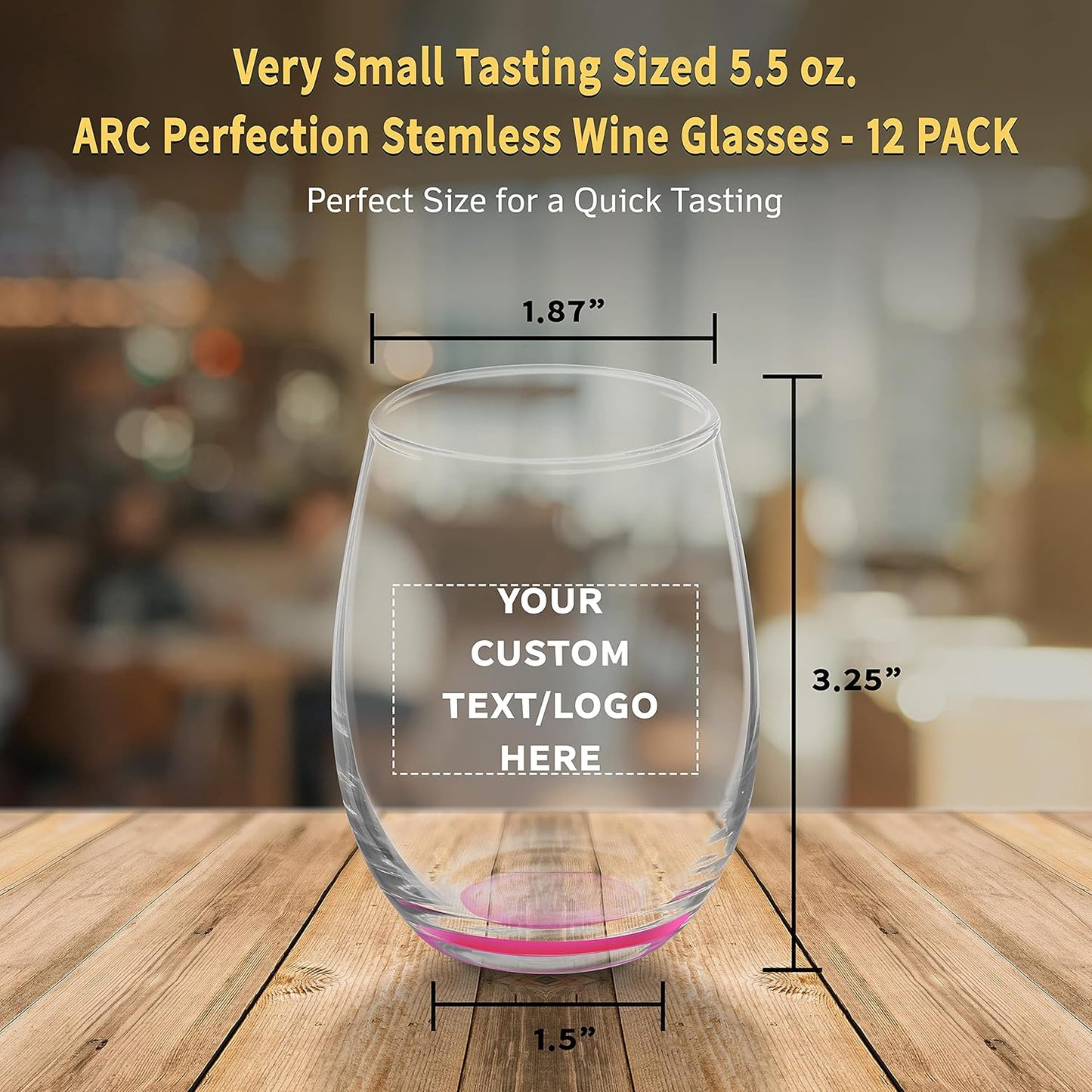 Custom Stemless Wine Glasses by ARC 5.5 oz. Set of 12, Personalized Bulk Pack - Perfect for Hotel, Bar, Restaurant or Lounge - Pink
