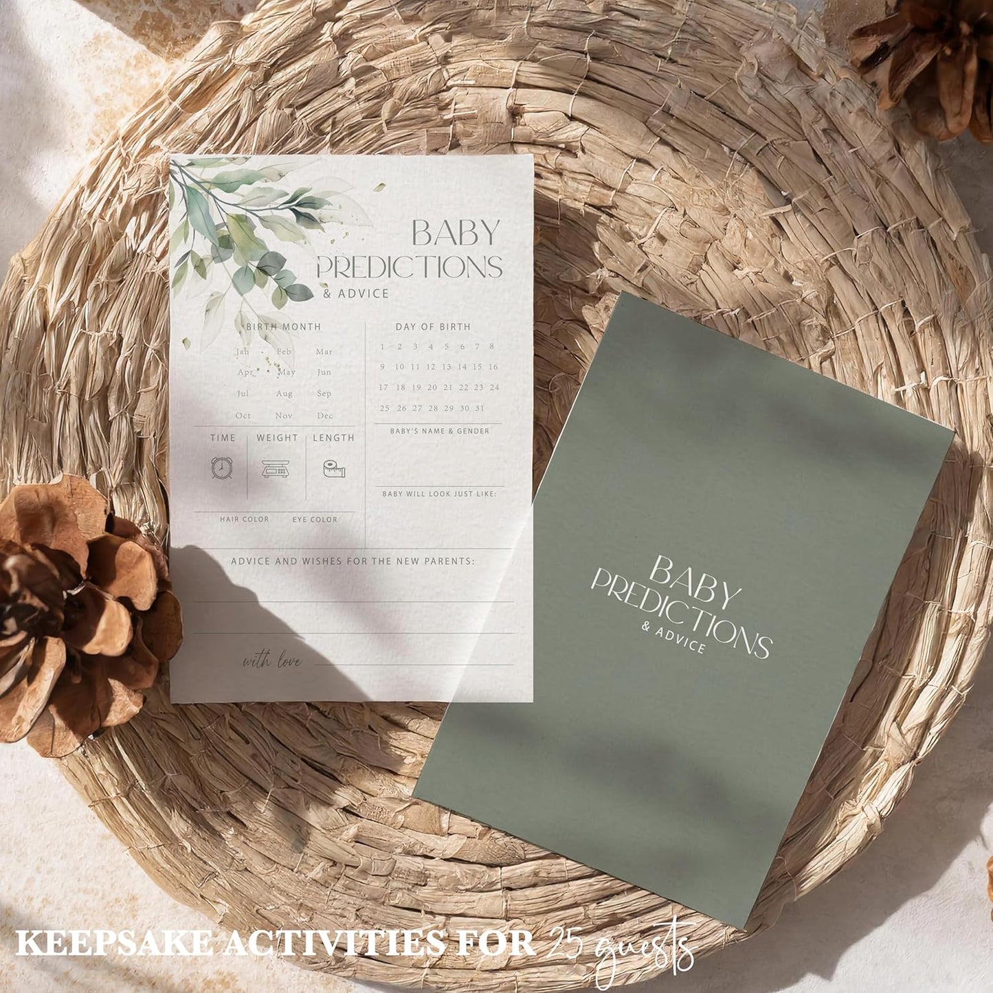 Advice For New Parents Baby Shower, Baby Predictions & Advice Cards For Baby Shower Games Activities, Wishes for Baby, 25 Double-Sided Thick Cards – Greenery A06