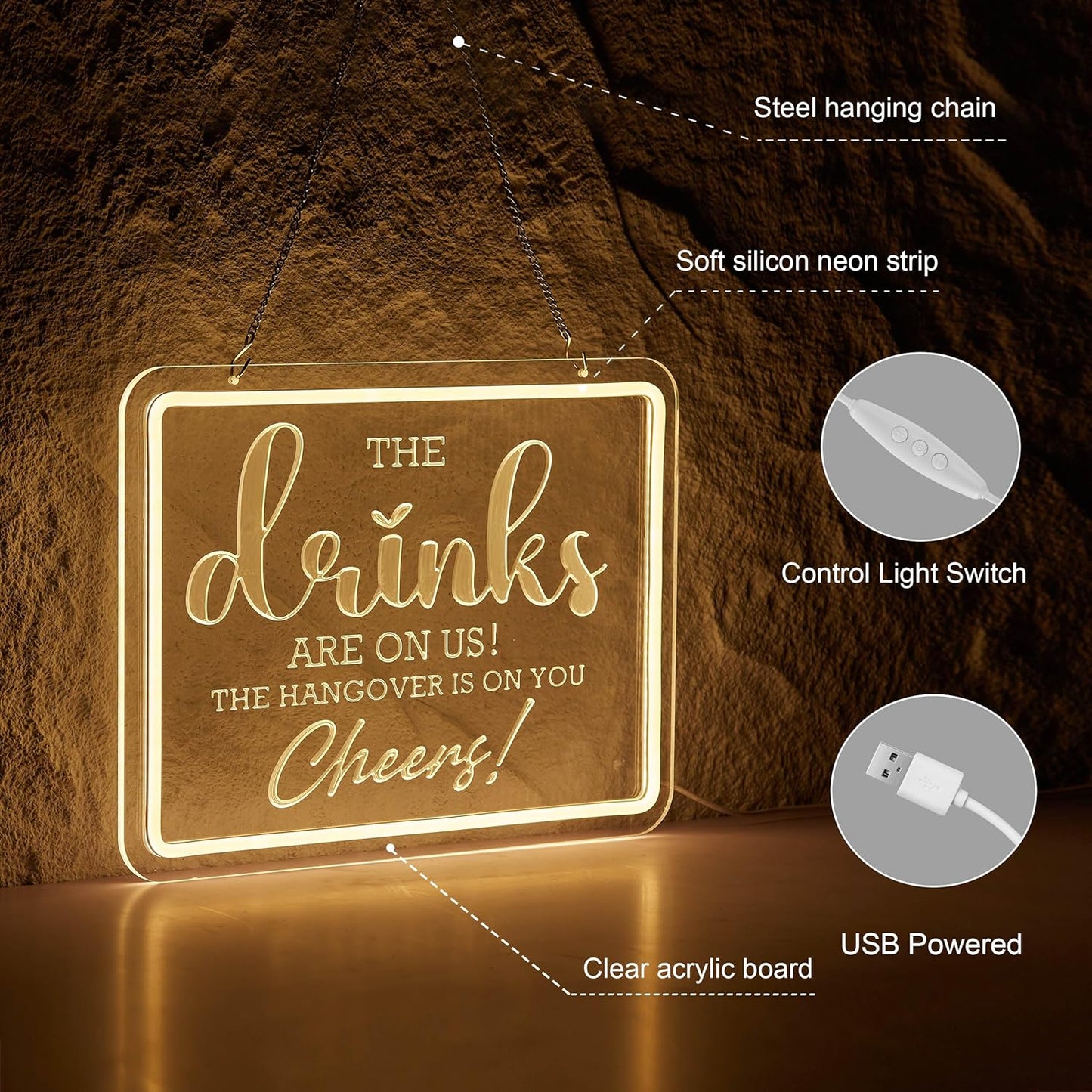 Bar Neon Sign The Drinks Are On Us LED Signs The HanGover is On You Cheers Neon Light Gifts for Wedding Party Bars Pubs Neon Signs Decorations