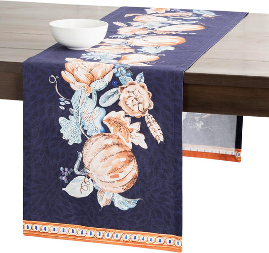 Maison d' Hermine Table Runner 100% Cotton Single Layer Table Runners 72 inches Long for Thanksgiving Christmas Decorations Home Kitchen Dining Party Wedding (Pumpkin Blues, 14.5" x 72")