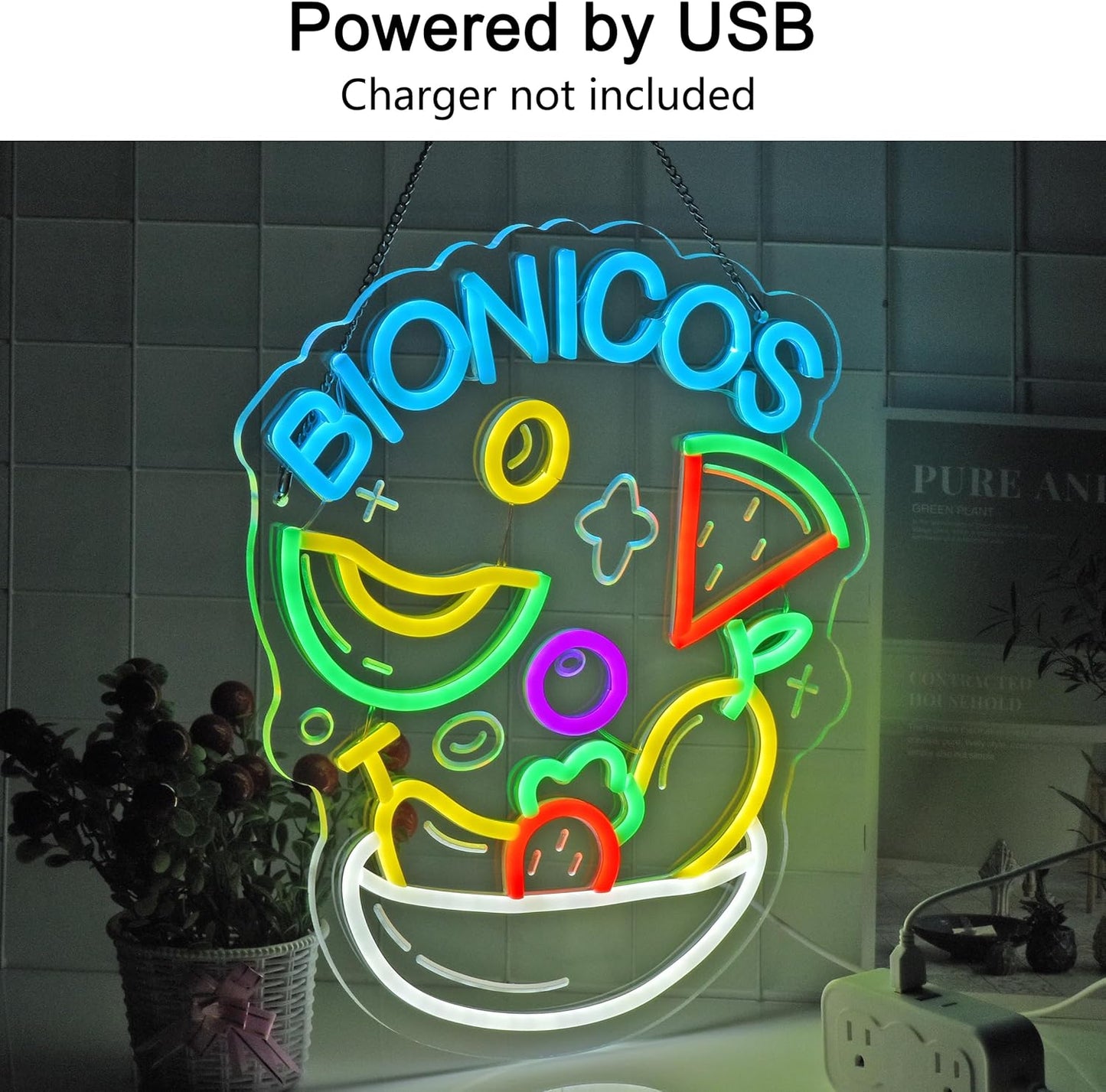 CNBEYOUNG Bionicos Neon Sign, Neon Lights Hanging Wall Art Decoration for Mexican Restaurant Cocktail Bar Man Cave Kitchen Party Home Decor, USB Powered Ultra Bright Dimmable,14.96x 12.6inches