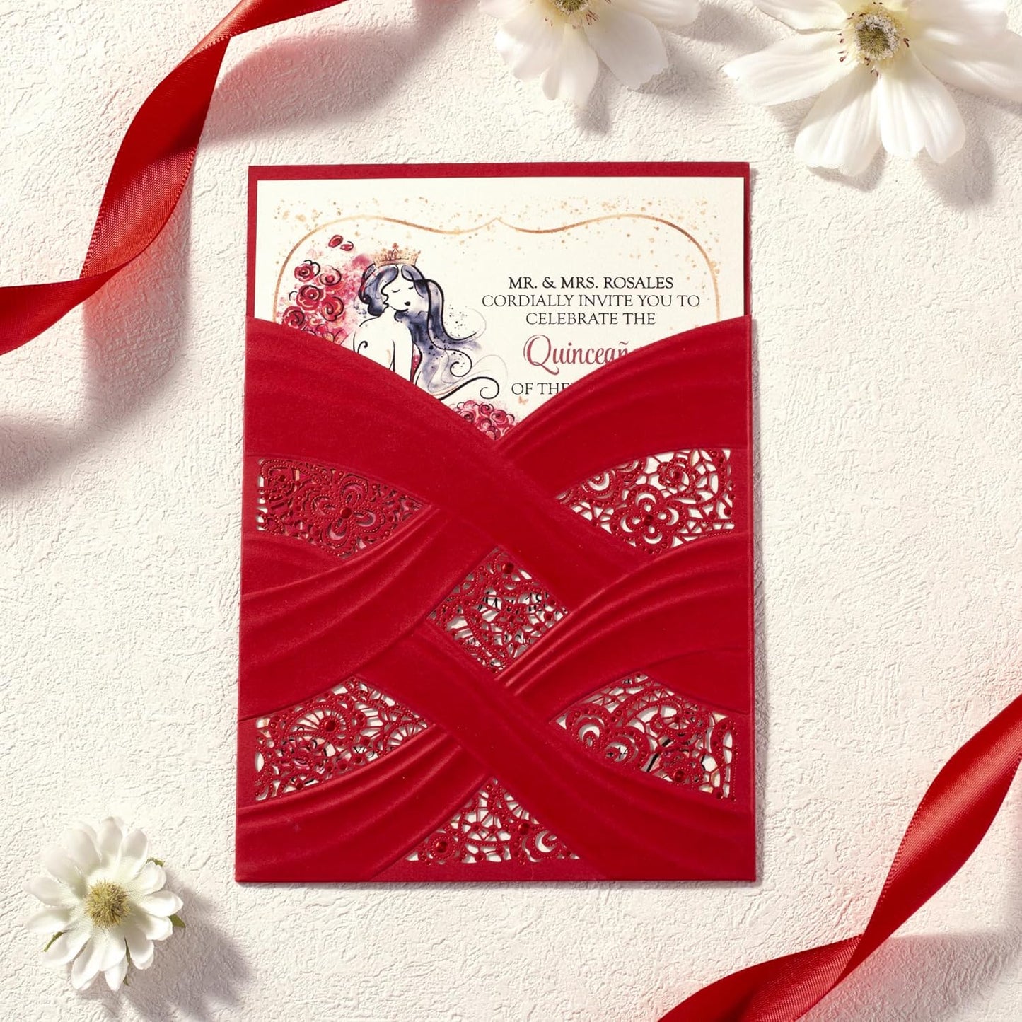50pcs Laser Cut Quinceanera Invitations with Envelopes Red, 5x7.3 Personalized Invitation Cards for Wedding