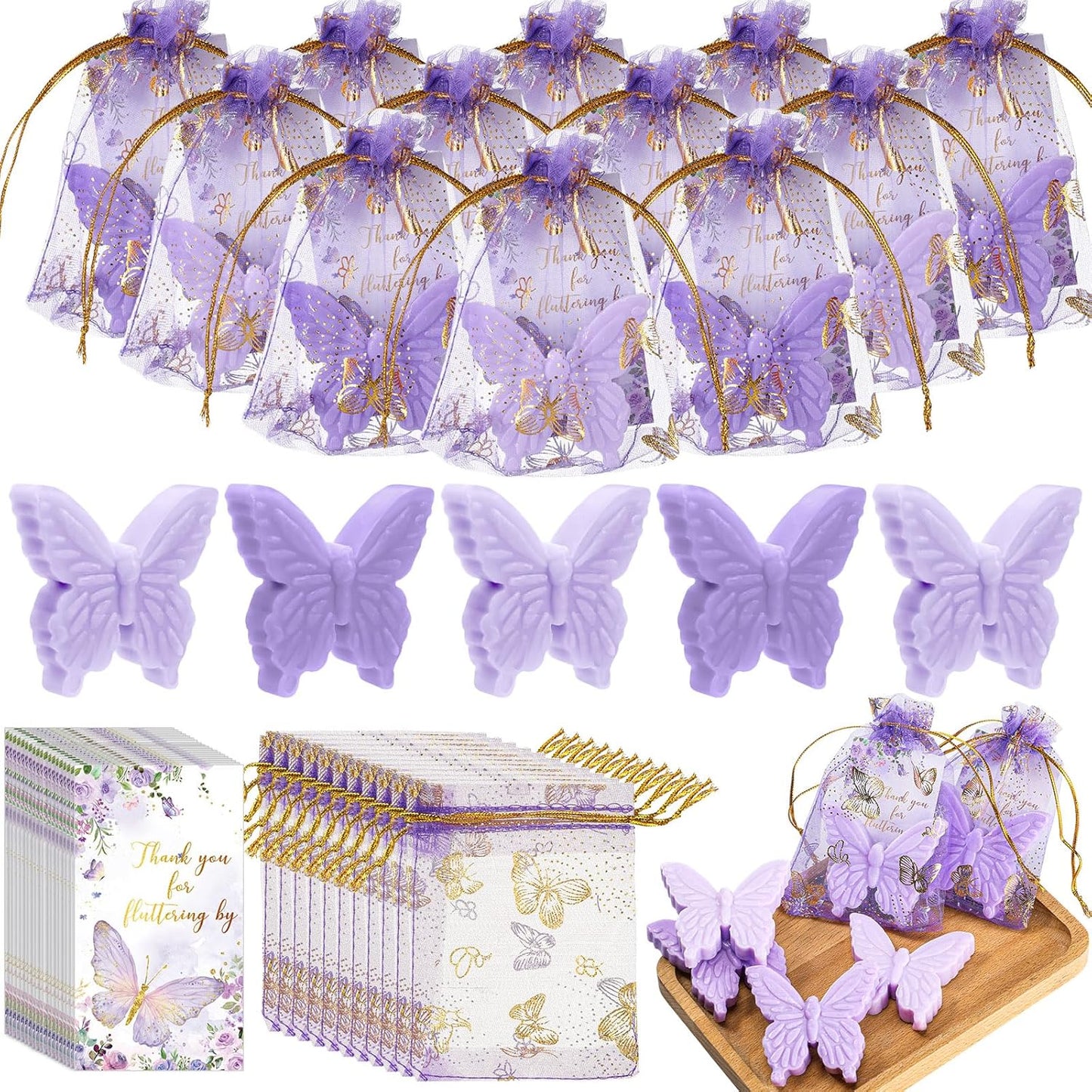 Dunzy 50 Set Butterfly Theme Baby Shower Favors for Guests Butterfly Soap Favors with Thanks You Cards Gift Bags Gender Reveal Baptism Party Decorations Wedding Bridal Souvenirs (Purple,Light Purple)