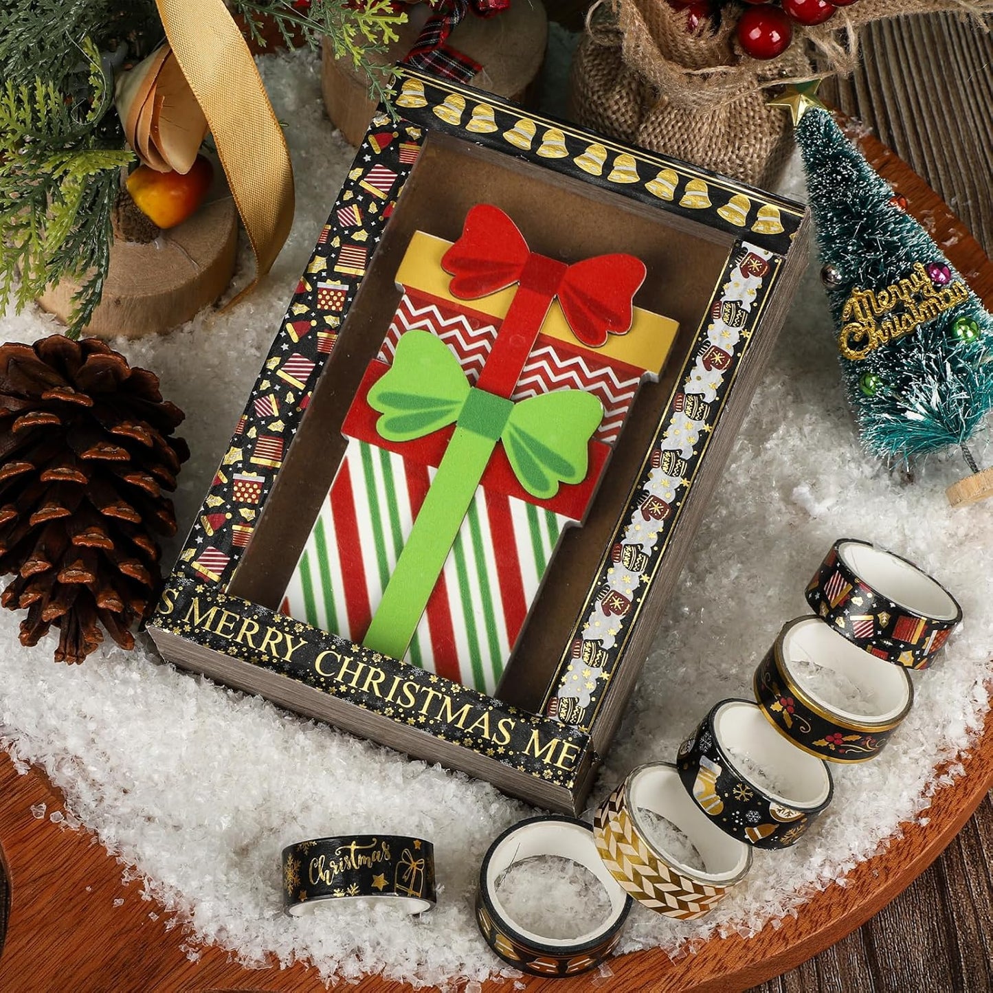 18 Rolls Christmas Washi Tape Holiday Masking Tape Black Christmas Wrapping Tape Glod Silver Foil Decorative Tape for Christmas Scrapbook Journal DIY Craft Gift Wrapping（Xmas Black