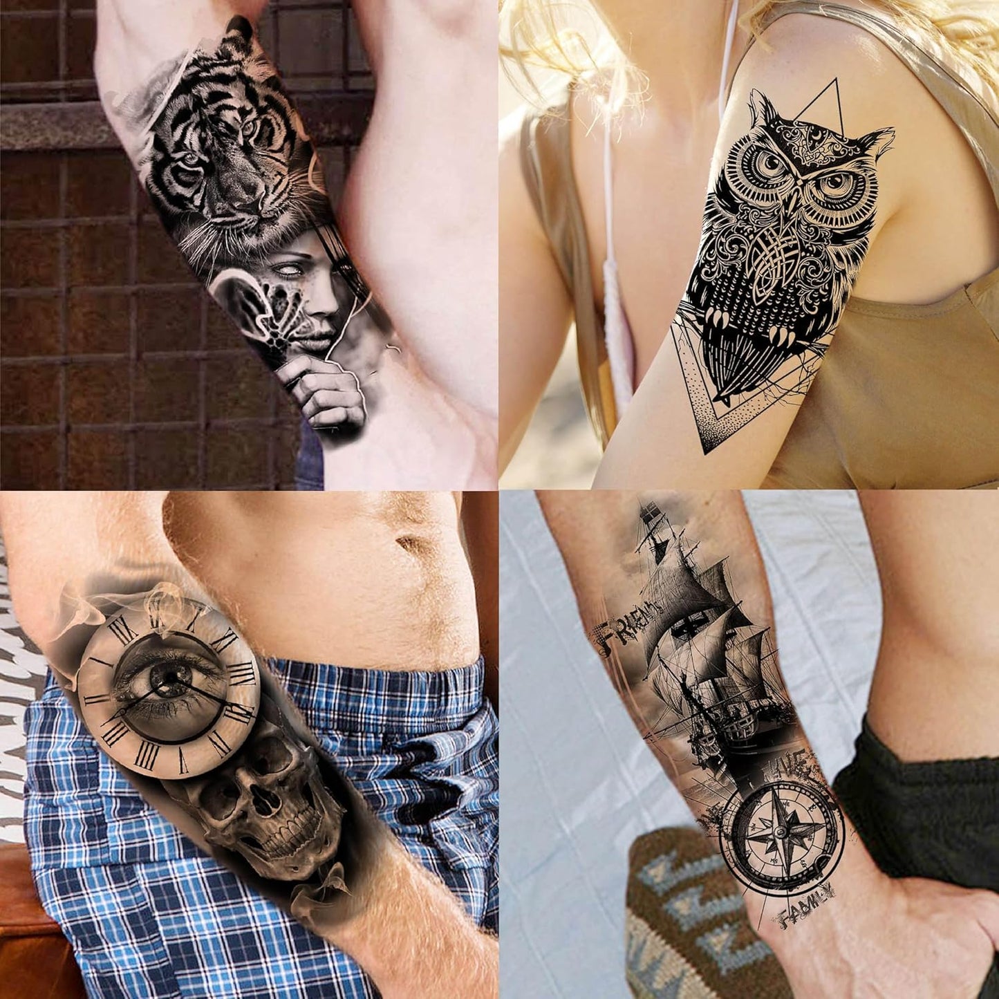 59 Sheets 3D Black Halloween Temporary Tattoos For Men Women Kids, Long Lasting Temp Fake Sleeeve Tattoos For Adults, Large Realistic Skull Skeleton Owl Wolf Lion Tiger Ship Tatoo Sticker Arm