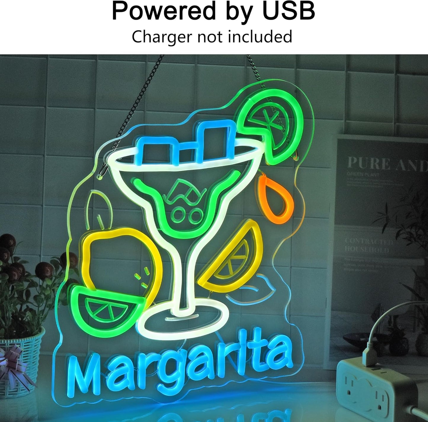 CNBEYOUNG Margarita Neon Sign, Neon Lights Hanging Wall Art Decoration for Restaurants Shop Cocktail Bar Kitchen Party Home Decor, USB - Driven, Super Bright & Adjustable,14.17x 12.6inches
