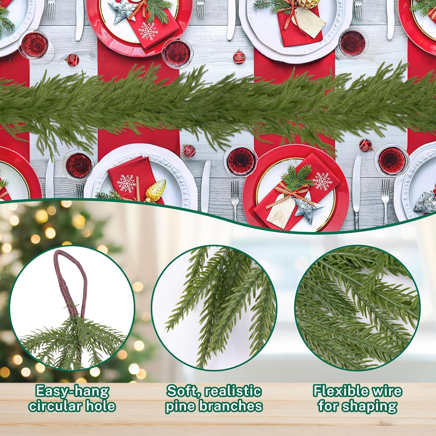 2 Pcs 6FT Christmas Garlands Norfolk Pine Garland - Real Touch Winter Pine Garland, Artificial Norfolk Tree for Indoor Outdoor Holiday Decor, Fireplace Mantel, Door, Porch (Burgundy Bell)
