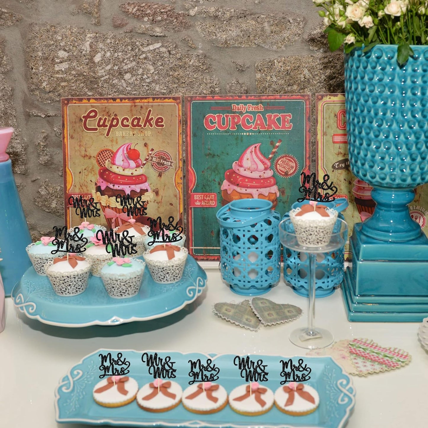 Gyufise 36Pcs Mr & Mrs Cupcake Toppers Glitter Bridal Shower Cupcake Picks for Wedding Engagement Theme Party Cake Decorations Supplies Black