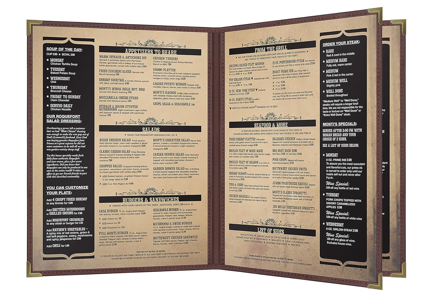 Goodsmart Pajco Style Restaurant Menu Covers – Pack of 10, Side-Loading Menu Holders, Single Stitched Edge, Clear Vinyl Menu Sleeves, Leatherette Trim, Gold Corners, Burgundy, 4 View (8.5" x 11")