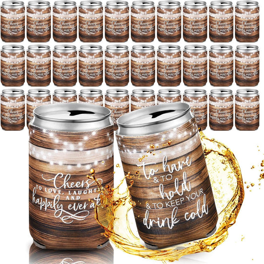 50 Pieces Wedding Can Cooler Bulk Engagement Party Favors for Guests Cheers to Love Laughter and Happily Ever After Rehearsal Dinner Decorations for Wedding Bridal(Wood Grain,Cute)