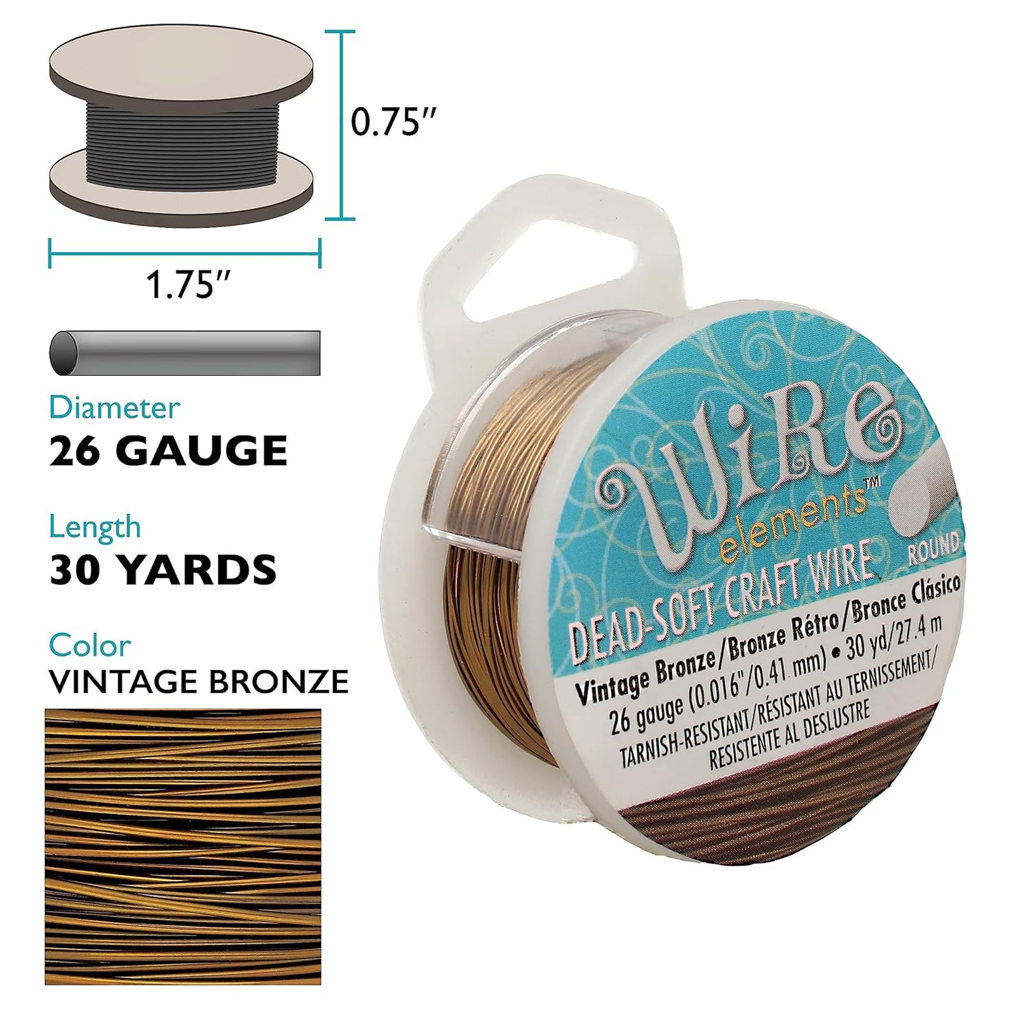 The Beadsmith Wire Elements Craft Wire – Tarnish Resistant, Soft Temper, Round, Vintage Bronze Color – 0.41mm, 26 Gauge, 30 Yard Spool – Jewelry Making, Wire Wrapping, Floral, & Other DIY Crafts
