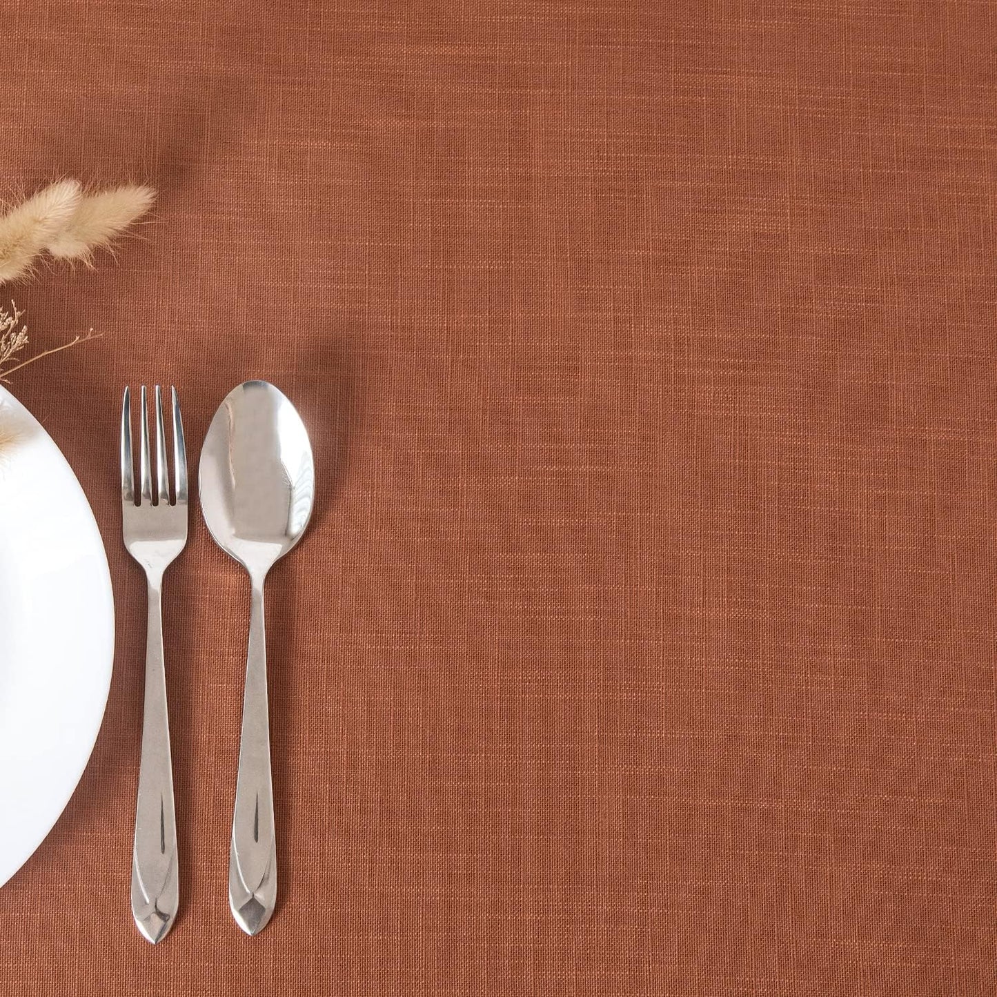 maxmill Lux Faux Linen Tablecloth with Slubby Yarn Textured Weaves Wrinkle Free Soft Table Cloth for Kitchen Dining Tabletop for Fall Harvest Thanksgiving Decorations Rectangle 60 x 84 Inch Rust