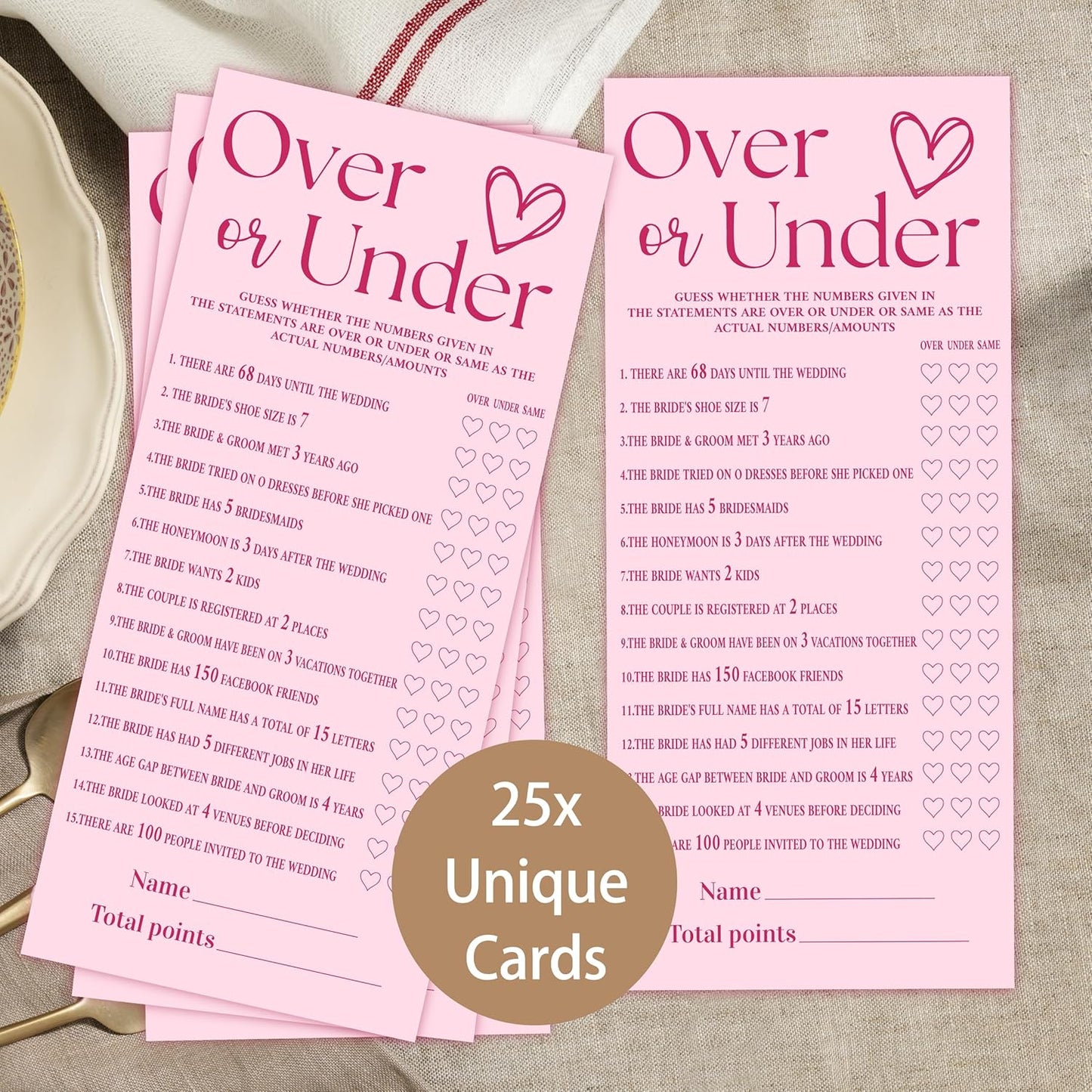 4x9 Inch Wedding Shower Games Cards, Over or Under, Pink Bridal Shower Games for 25 Guests, Engagement Party Supplies, Wedding Party Supplies Decoration-A01