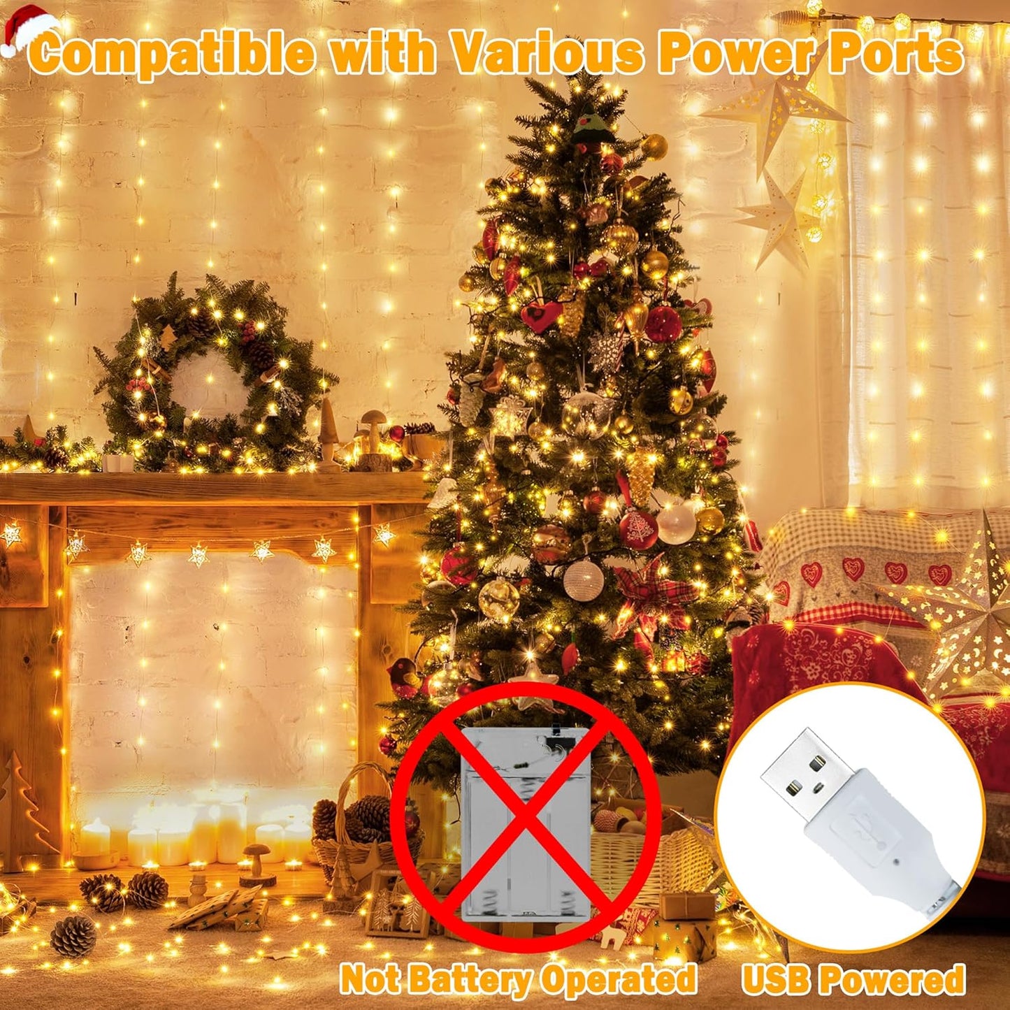 Ollny Silver Copper Wire Fairy Lights Curtain 200 LED 6.6x6.6ft, USB Warm White Curtain Lights with Hook, Waterproof Window Light for Bedroom Backdrop Wall Outdoor Indoor Decorations