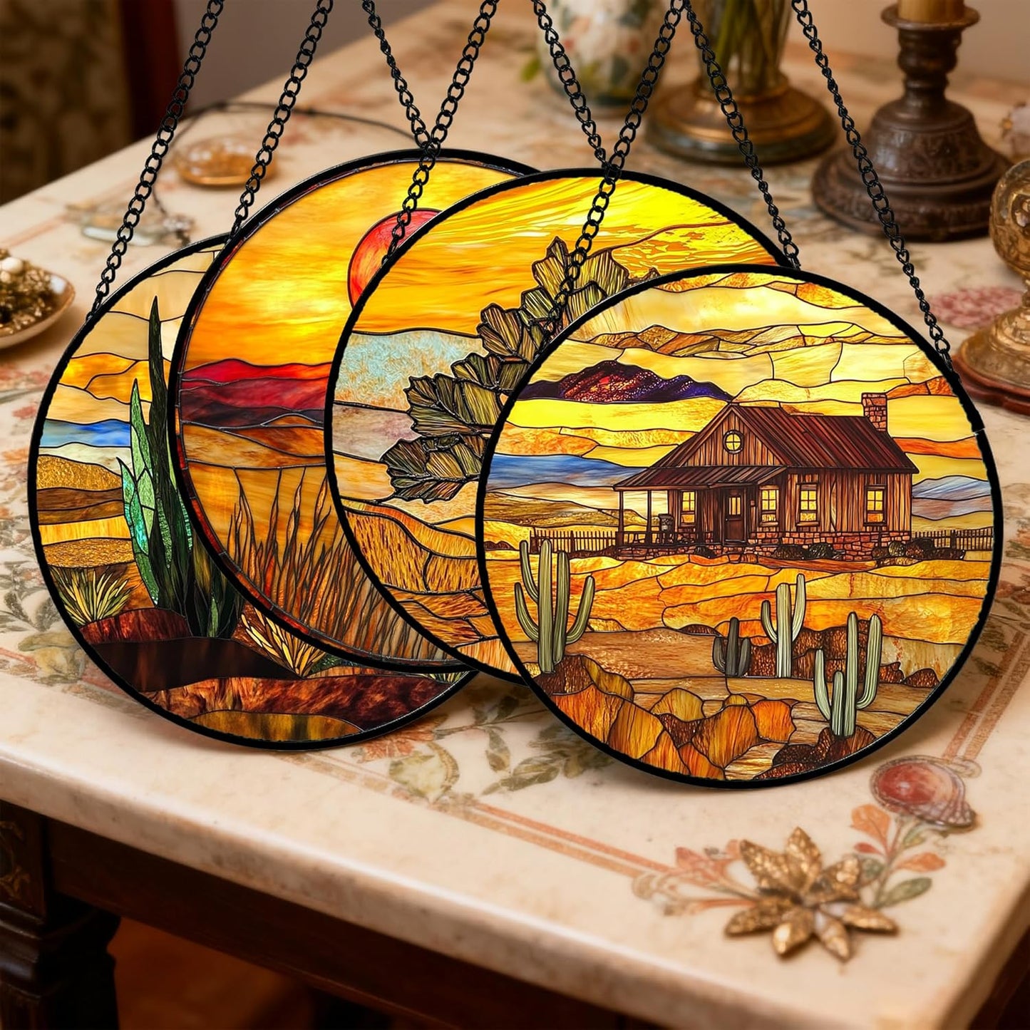Stained Glass Window Hanging 4 Pcs Set Desert Sunset Theme Landscape Large 15" - Suncatcher Door Garden Sun Catcher Decor Birthday Christmas for Mom Woman Nana Men