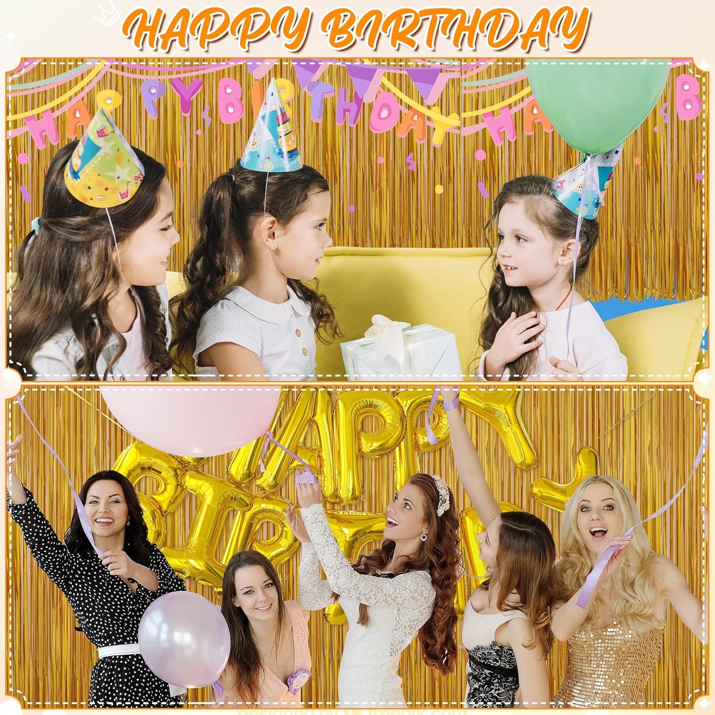 Crosize 3 Pack 3.3 x 9.9 ft Gold Foil Fringe Glitter Curtains Party Decorations, Tinsel Backdrop for Parties, Door Streamers for Birthday, Photo Booth Backdrops, Party Decor