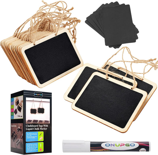 ONUPGO 16 Pack Chalkboard Tags for Baskets with String, Mini Erasable Chalkboards with Hanging String, Wooden Mini Chalkboard Signs, Hanging Chalkboard Labels, Price Tags, Message Tags