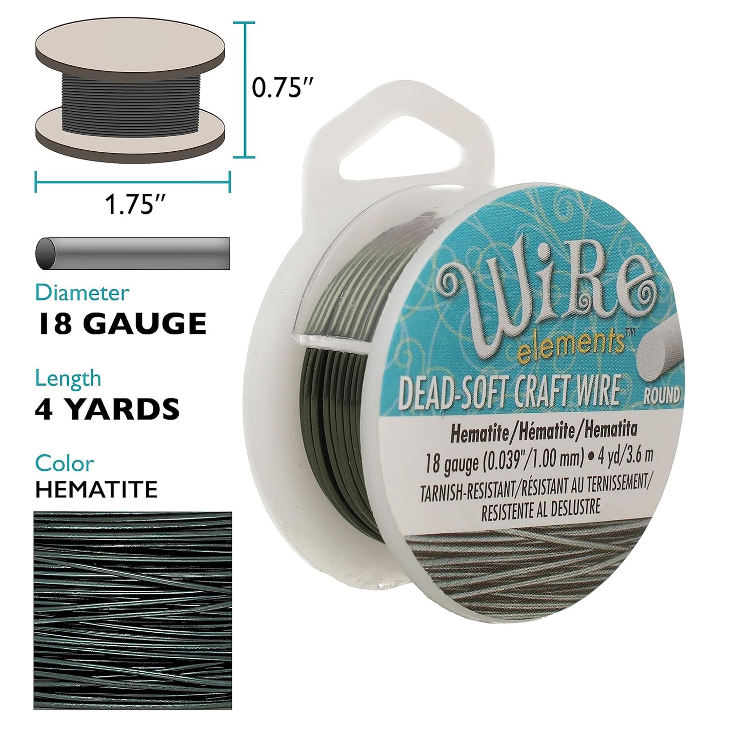 The Beadsmith Wire Elements Craft Wire – Tarnish Resistant, Soft Temper, Round, Hematite Color – 1mm, 18 Gauge, 4 Yard Spool – Jewelry Making, Wire Wrapping, Floral, & Other DIY Crafts