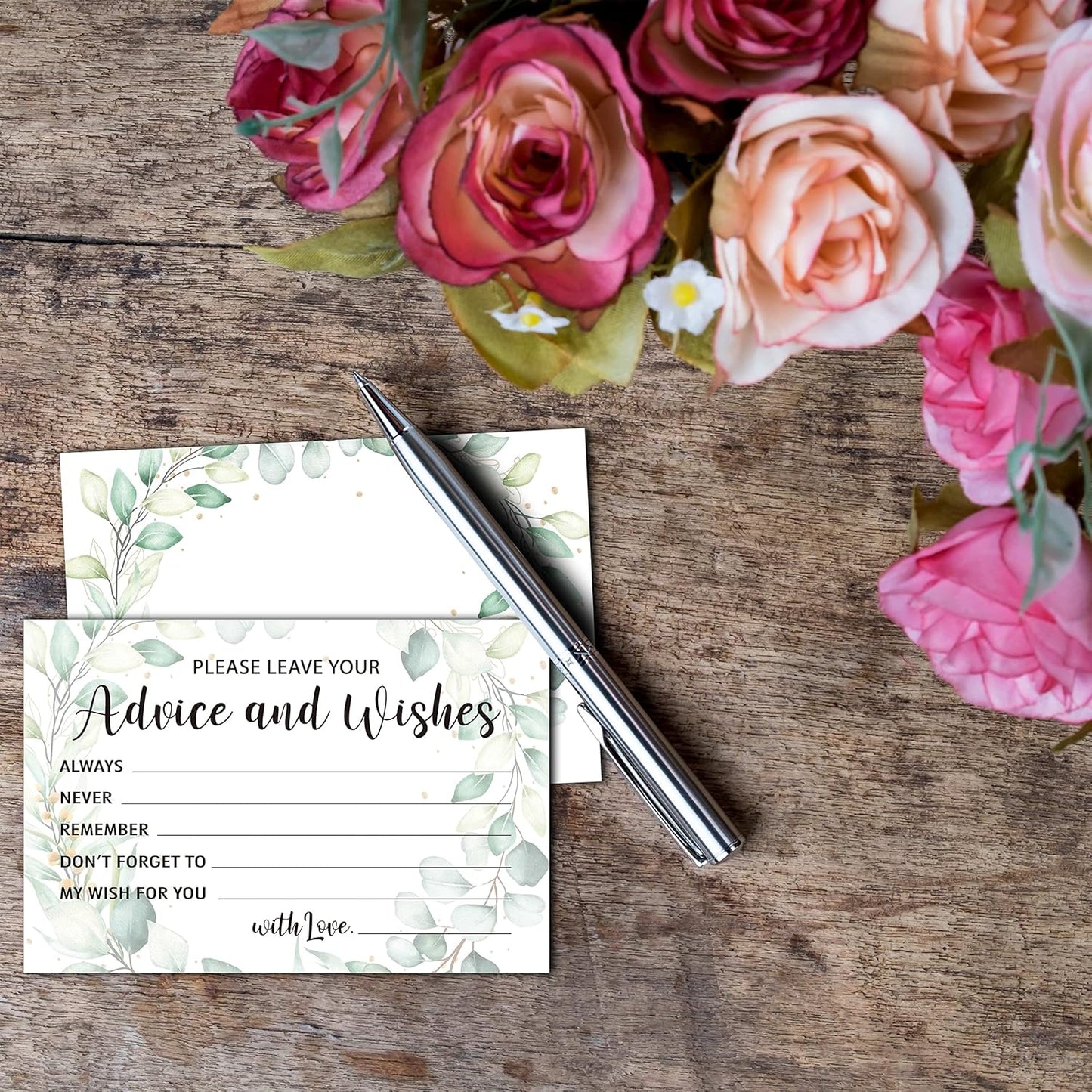 Greenery Advice and Wishes Cards, 25 Pcs Eucalyptus Double Sided Advice Cards for The Bride and Groom, Mr and Mrs, Bride Shower, Wedding Reception, Engagement Party(02)