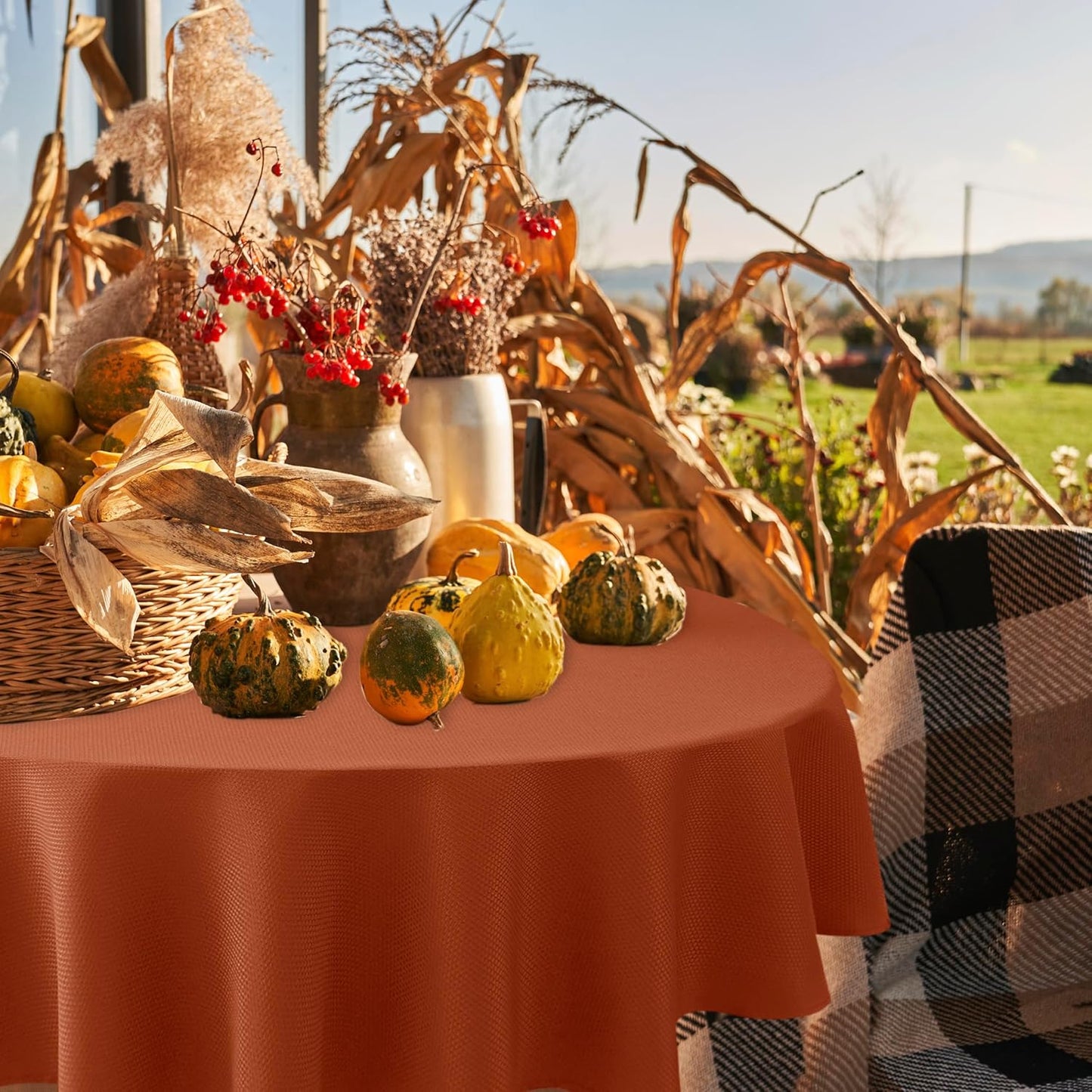 Biscaynebay Fall Tablecloth Textured Fabric Round Table Cloth 60" for Tables diameters from 28" to 48", Rust Thanksgiving Autumn Harvest Water Resistant Fabric Table Cover for Kitchen, Dining, Parties