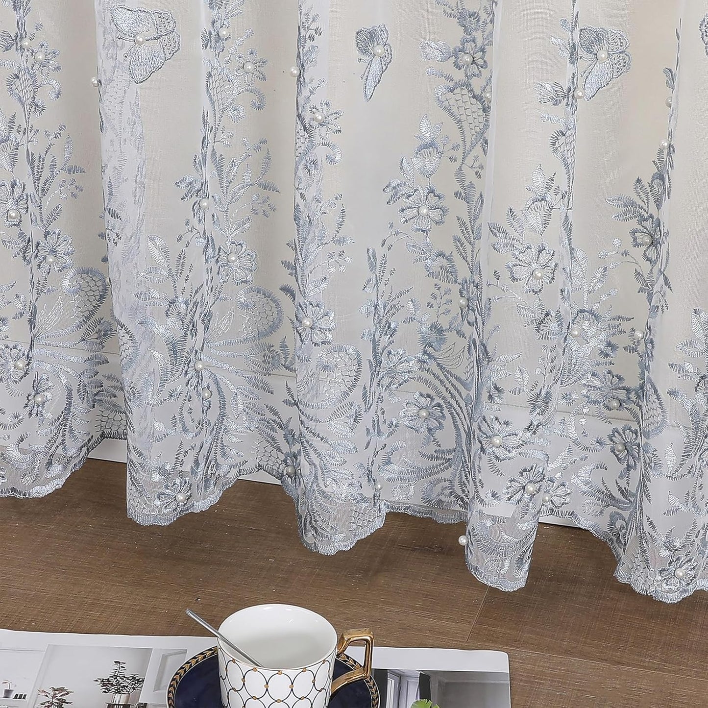 VISIONTEX White Sheer Voile Curtains, Decorative Blue Embossed Butterflies Rod Pocket Window Drapes for Home Kitchen, Living Room and Bedroom 54 x 72 Inch, Set of 2 Curtain Panels