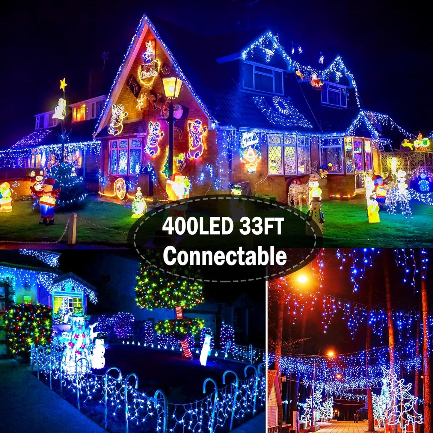 KNONEW Christmas Lights Outdoor Decorations 400 LED 33ft 8 Modes Curtain String Light with 75 Drops, Clear Wire LED Fairy Light Indoor Decor for Wedding Party Christmas Decorations(Blue)