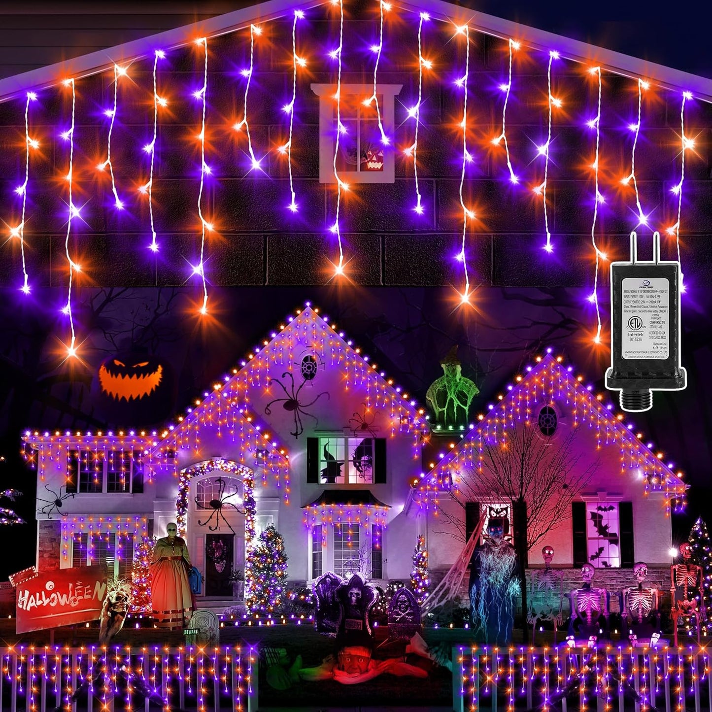 KNONEW 99FT 1216 LED Halloween Lights Decortation Orange Purple String Lights Outdoor with 228 Drops, 8 Lighting Modes, Timer Memory Function Hanging Curtain Lights for Halloween Party Decor