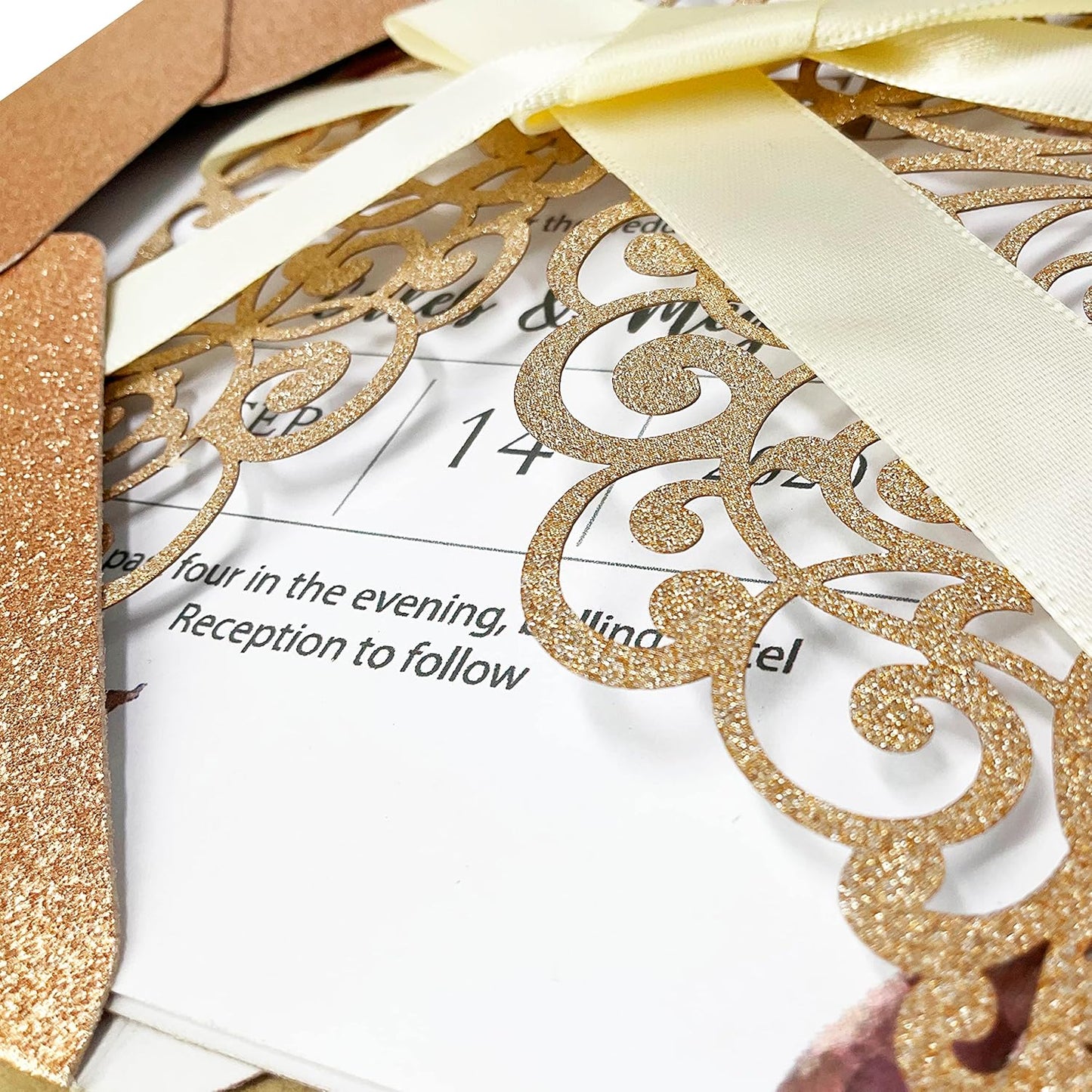 50Pcs Laser Cut Wedding Invitation With Glitter Envelopes And Ribbons Blank Personalized Card Invitaciones Para quinceañera Birthday Baby Shower Christmas Party Bridal Shower (Rose Gold)