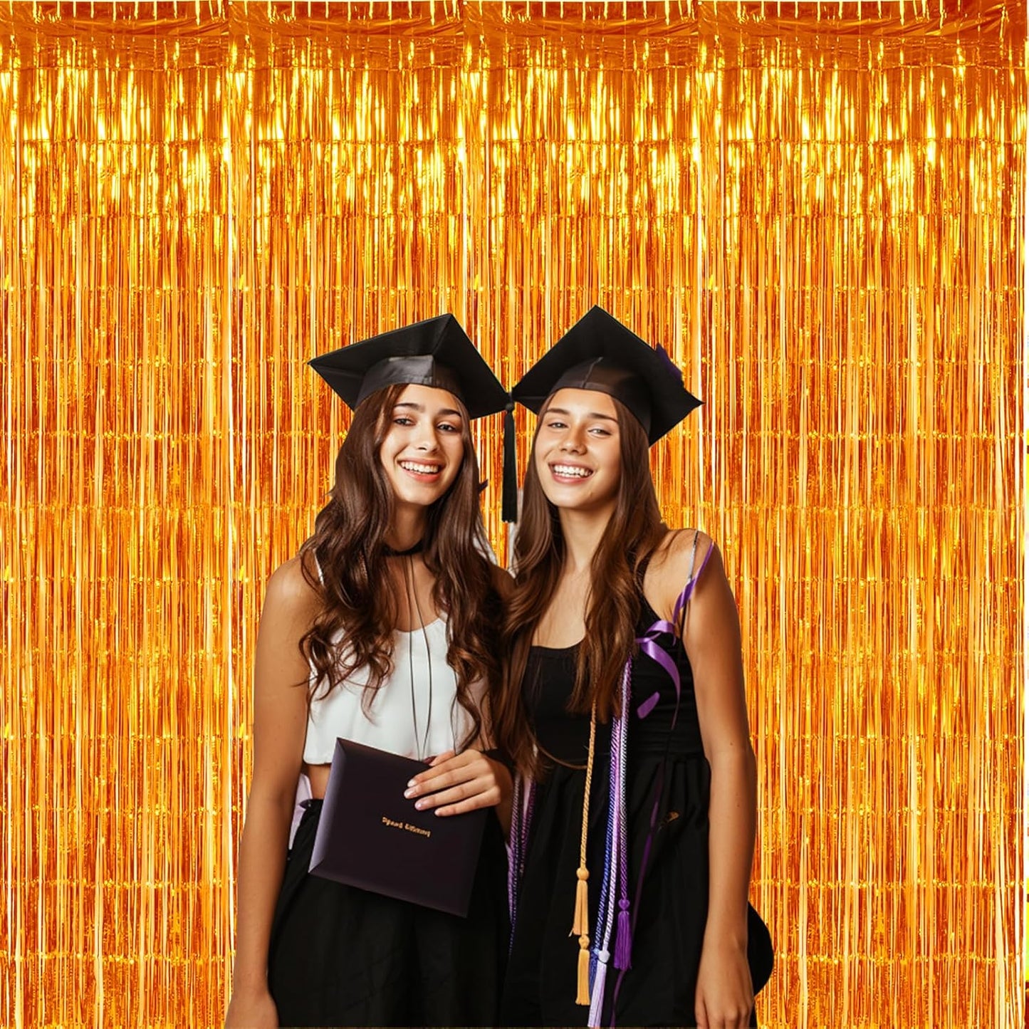 TONIFUL 3Pcs Orange Door Streamers,Photo Booth Backdrop Metallic Streamers Foil Fringe Curtains for Halloween Thanksgiving New Year Bachelorette Birthday Party Streamers Decor(9.9ft x 6.6ft)