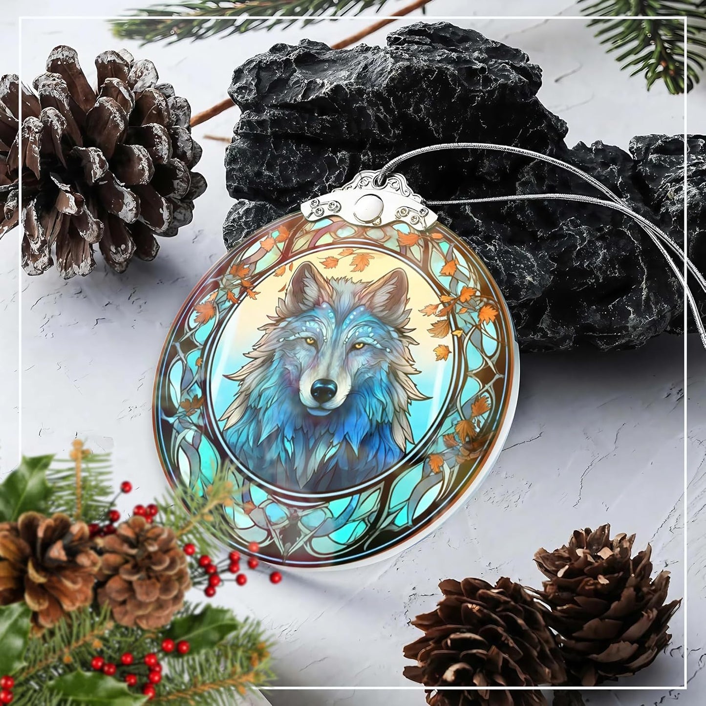 2025 Ornament Stained Glass Effect, Big 4 Inch Acrylic Hanging Art, Tree Ornaments, Holiday Decoration, Car Interior Accent, 2025 Christmas Ornament (Mystic Wolf)