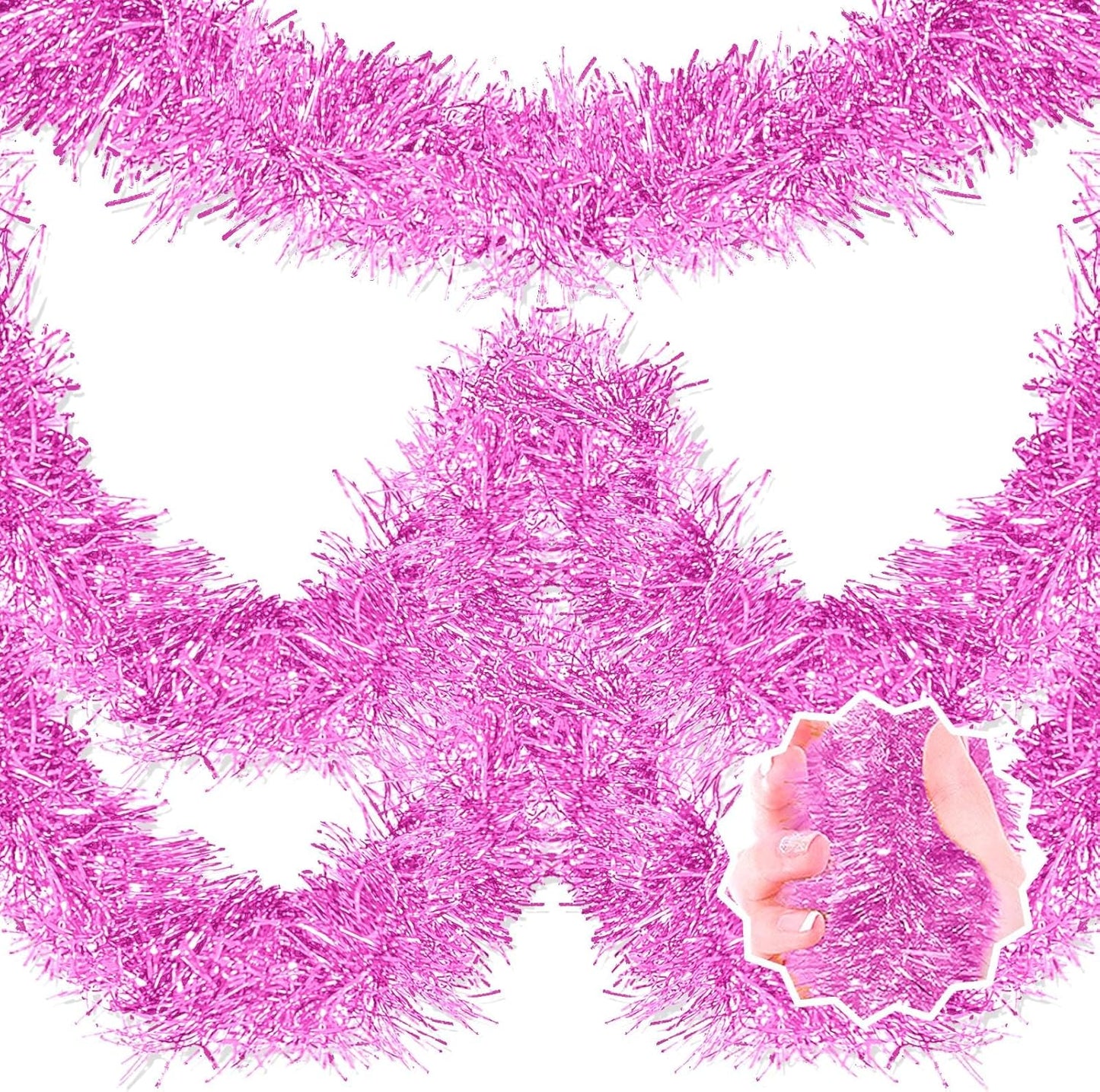 25 Feet Macaron Pink Christmas Tinsel Garland, Metallic Foil Twist Banner Wall Hanging Tinsel Streamers Backdrop for Parade Floats, Christmas, Mother's Day, Birthday Party Decorations(4in x 25ft)