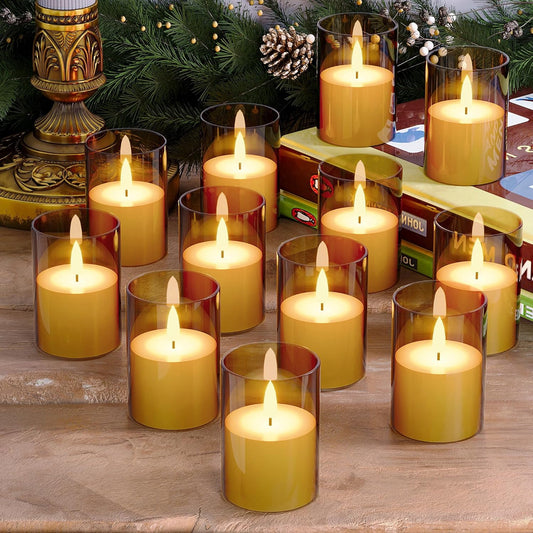 12Pack Flickering Flameless LED Candles with Timer, Battery Powered - Small Pillar & Votive, Acrylic Made, Gold (2"X3")